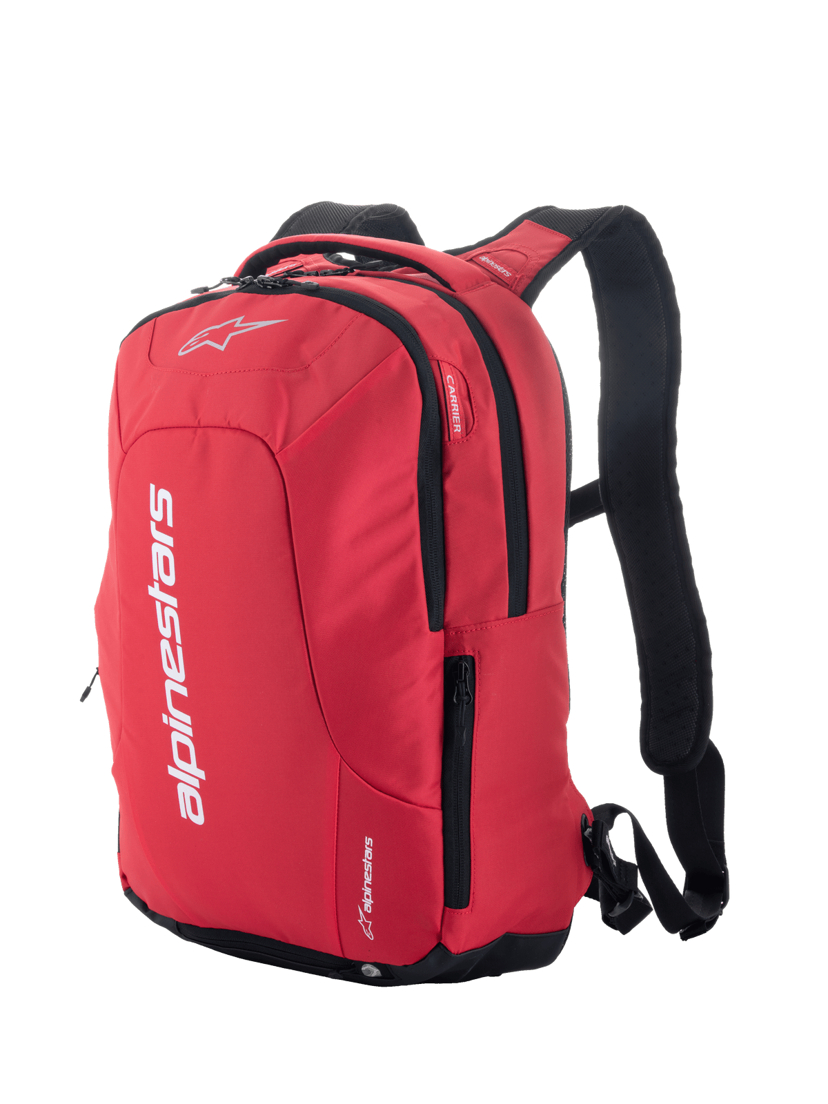 Sac à dos Alpinestars City Hunter V2, rouge et noir, sac à dos de moto urbain avec logo blanc imposant, poches latérales zippées, bretelles rembourrées en maille et design profilé pour les motards
