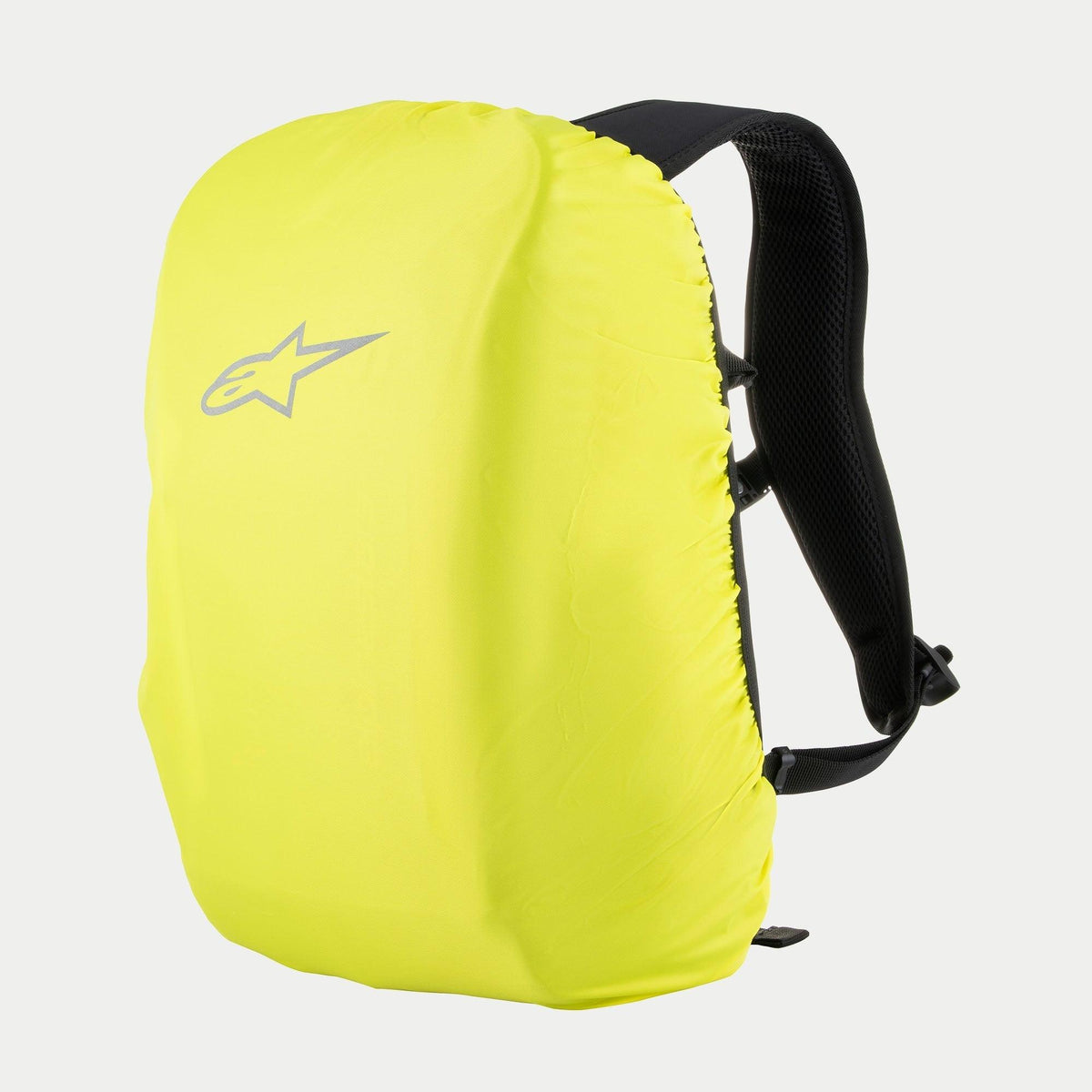Sac à dos Alpinestars AMP3, housse de pluie jaune fluorescent avec logo Alpinestars argenté, bretelles ajustables noires, accessoire de protection imperméable pour équipement moto