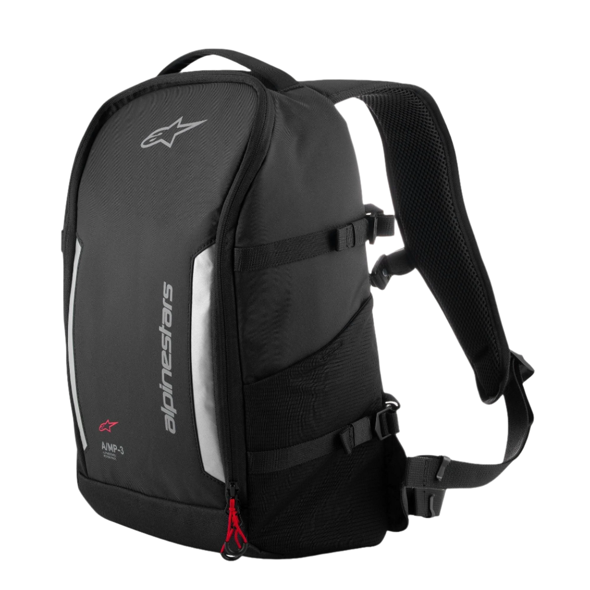 Alpinestars AMP3 Rugzak, technische motorrugzak, zwart met grijze reflecterende panelen en verticale Alpinestars-branding, rood ritsaccent, compressiebanden aan de zijkant en mesh vak, 17 liter inhoud voor rijden op de weg en in de stad