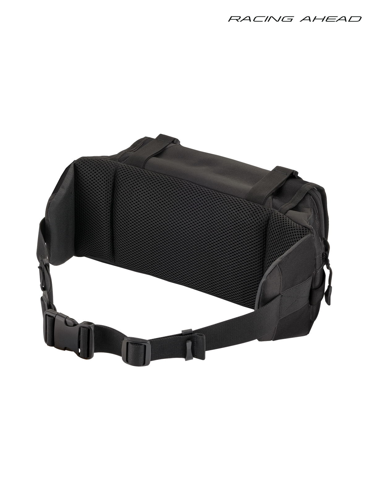Alpinestars Tech Werkzeugtasche, Enduro-Hüfttasche in Schwarz, Rückansicht mit Air-Mesh-Rückenpolster, Belüftung und verstellbarem Gurt mit Schnalle
