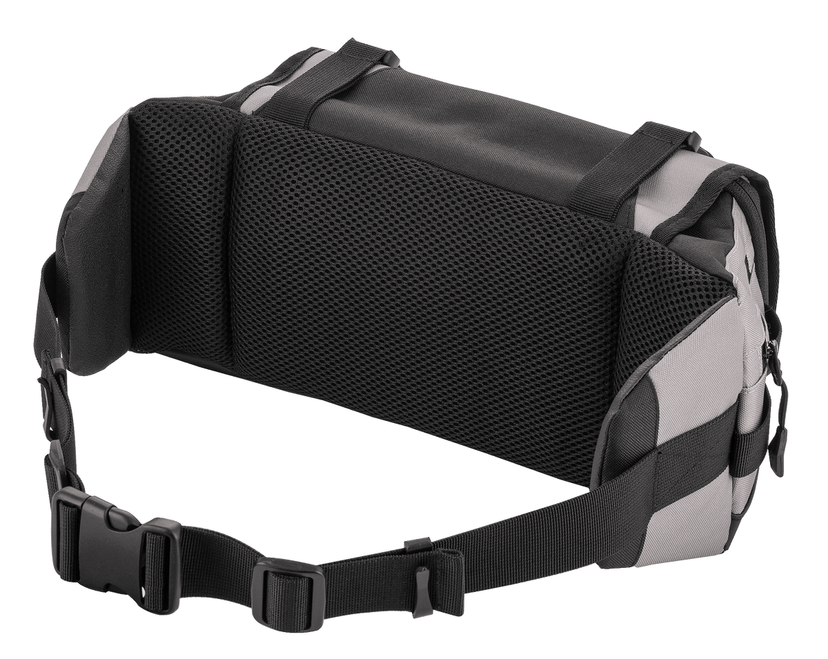 Alpinestars Tech Tool Pack, Grau Schwarz, Rückansicht mit Air-Mesh-Rückenpolster für Belüftung und Komfort, verstellbarer Hüftgurt mit robuster Schnalle, strapazierfähige Textilkonstruktion für Offroad- und Enduro-Einsätze