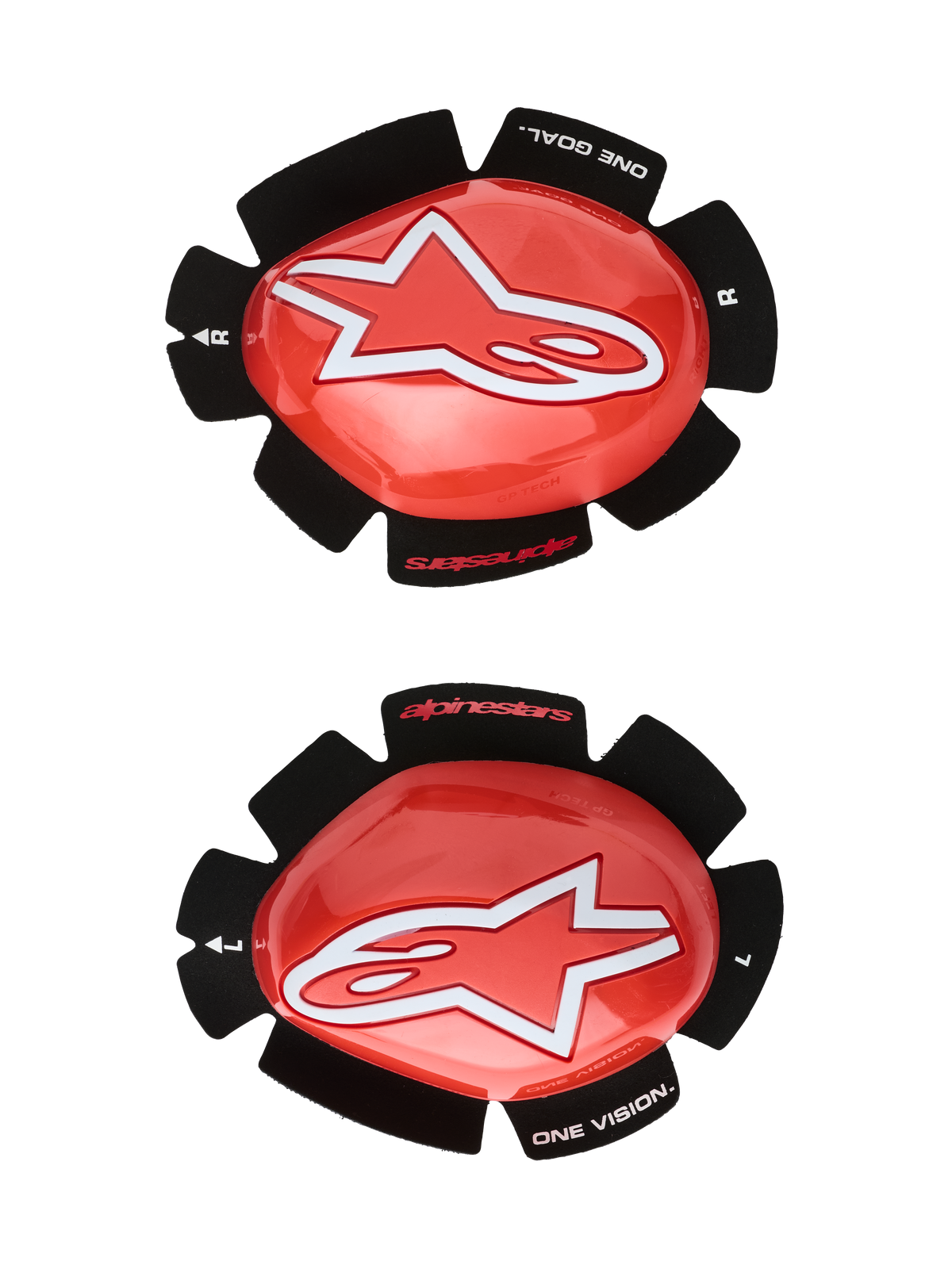 Alpinestars GP Tech Knieschleifer, Rot und Weiß, Motorrad-Rennsport-Knieschützer, großes weißes Stern-Logo auf glänzendem rotem Kunststoff, Schriftzug „ONE GOAL. ONE VISION.“ auf schwarzer, blütenblattförmiger Klett-Rückseite, Paar für links und rechts für den Einsatz auf der Rennstrecke.