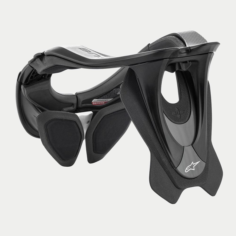 Alpinestars BNS Tech 2 Neck Support, motocross nekbeschermer, zwart met cool gray, geavanceerde carbon polymeer constructie, ergonomisch frame met achterstabilisator en gevoerde binnenzijde, lichtgewicht bescherming voor off-road rijden