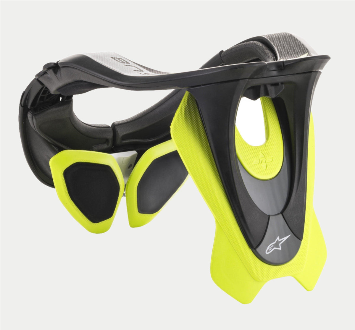 Support de cou Alpinestars BNS Tech 2, protection cervicale pour motocross, noir et jaune fluo, cadre ergonomique en polymère de carbone avec stabilisateurs rembourrés, arborant le logo Alpinestars, protection haute performance pour la conduite tout-terrain