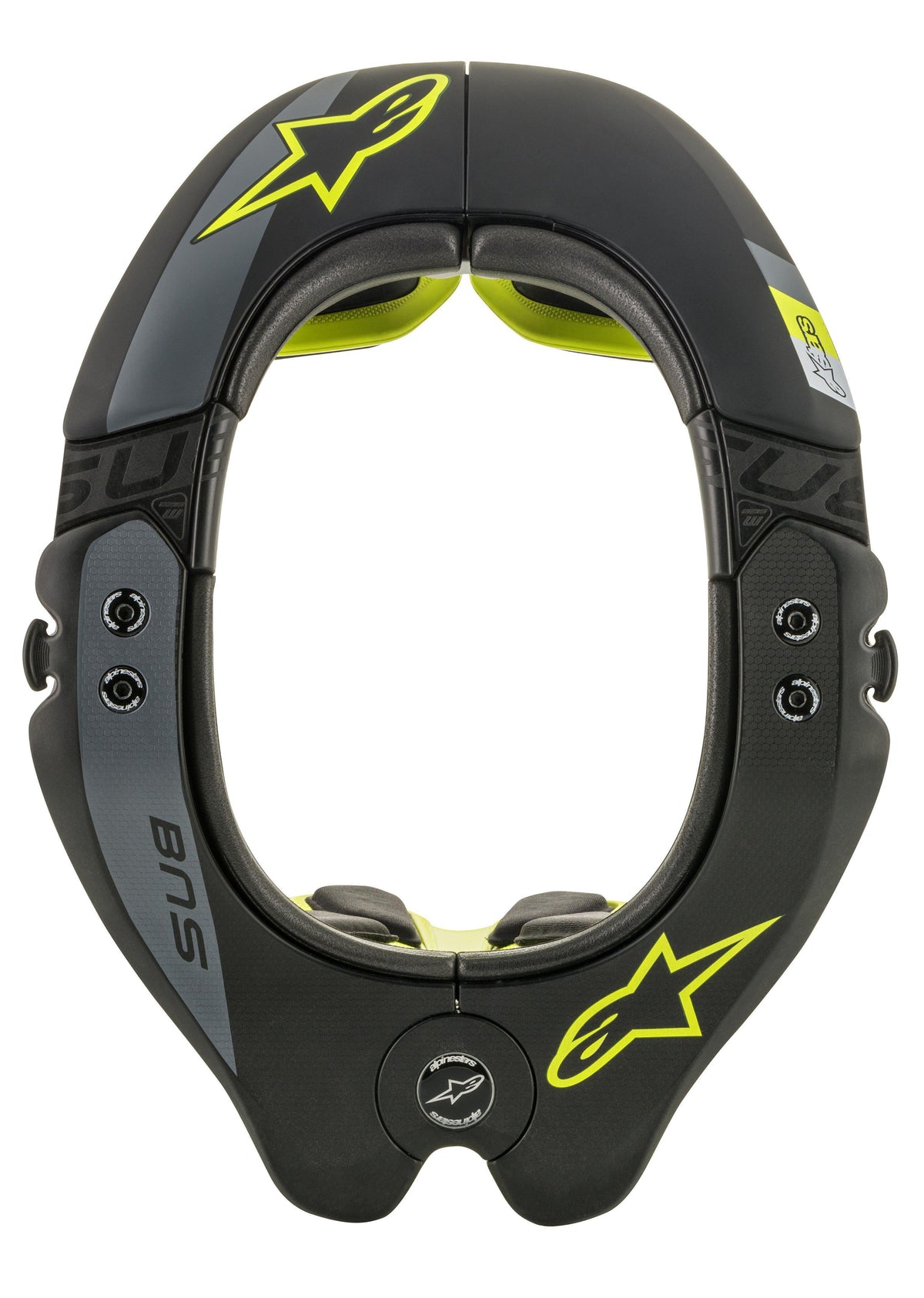 Support de cou Alpinestars BNS Tech 2, protection de cou motocross, noir et jaune fluo, vue de dessus du cadre ovale avec logos d'étoiles jaunes, accents gris et marquage « BNS », conçu pour la sécurité tout-terrain