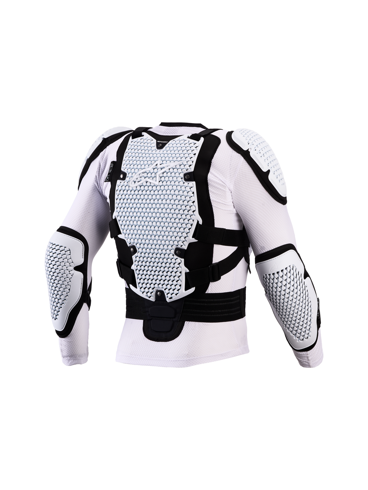 Alpinestars Bionic Action V3 beschermjas, wit en zwarte motorcrossbescherming met A-Morph Technology op rug en ellebogen.