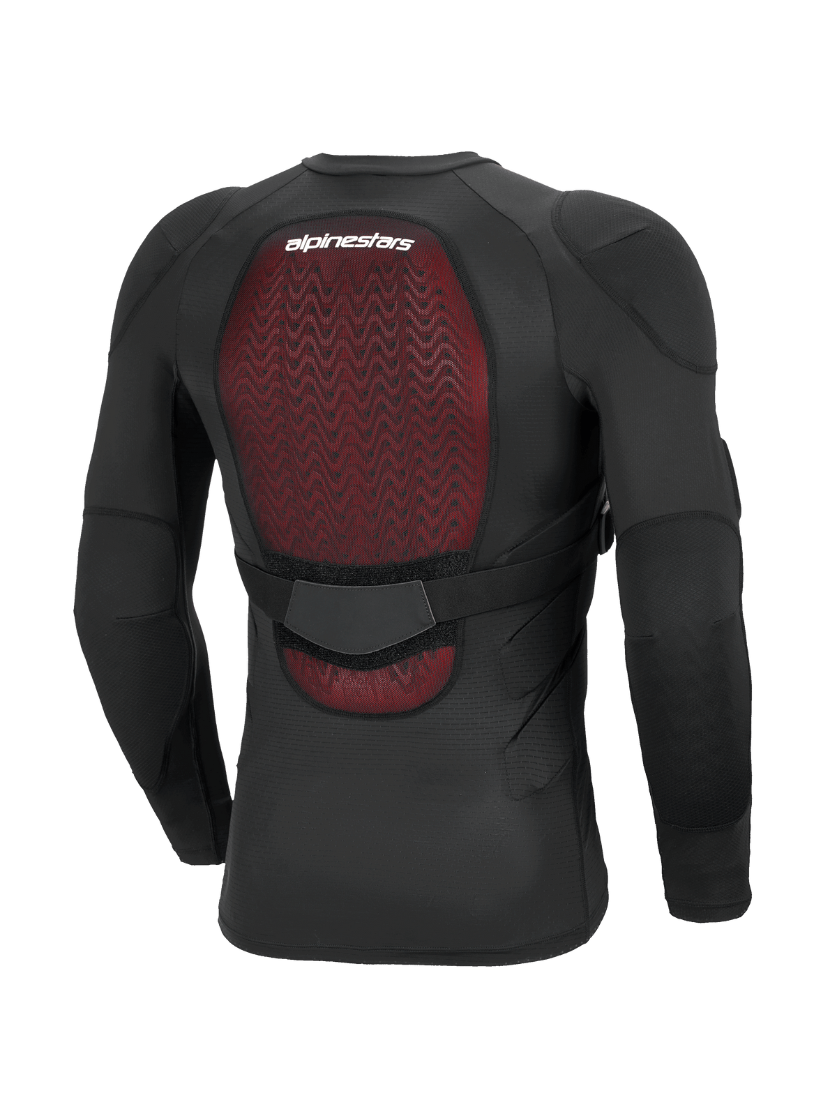 Alpinestars Bionic Plasma LT Beschermjas - Lange mouwen, zwart, achteraanzicht met de nadruk op de rode Nucleon PLASMA rugprotector, ademende stretch mesh constructie, verstelbare tailleband en geïntegreerde elleboog- en schouderbescherming