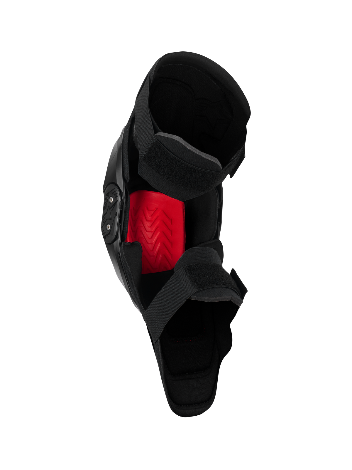 Genouillère Alpinestars SX-1 Plasma, protection de genou pour motocross, noir et rouge, vue intérieure mettant en évidence l'insert Nucleon PLASMA rouge et le système de fermeture à double sangle, conçue pour la performance tout-terrain