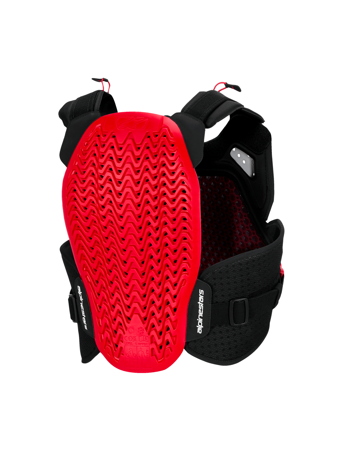 Alpinestars A-4 Plasma borstbeschermer, achteraanzicht, zwart en rood, voorzien van een grote rode Nucleon PLASMA rugbeschermer met een golvend geperforeerd ontwerp, zwart mesh chassis met verstelbare banden en witte Alpinestars-branding
