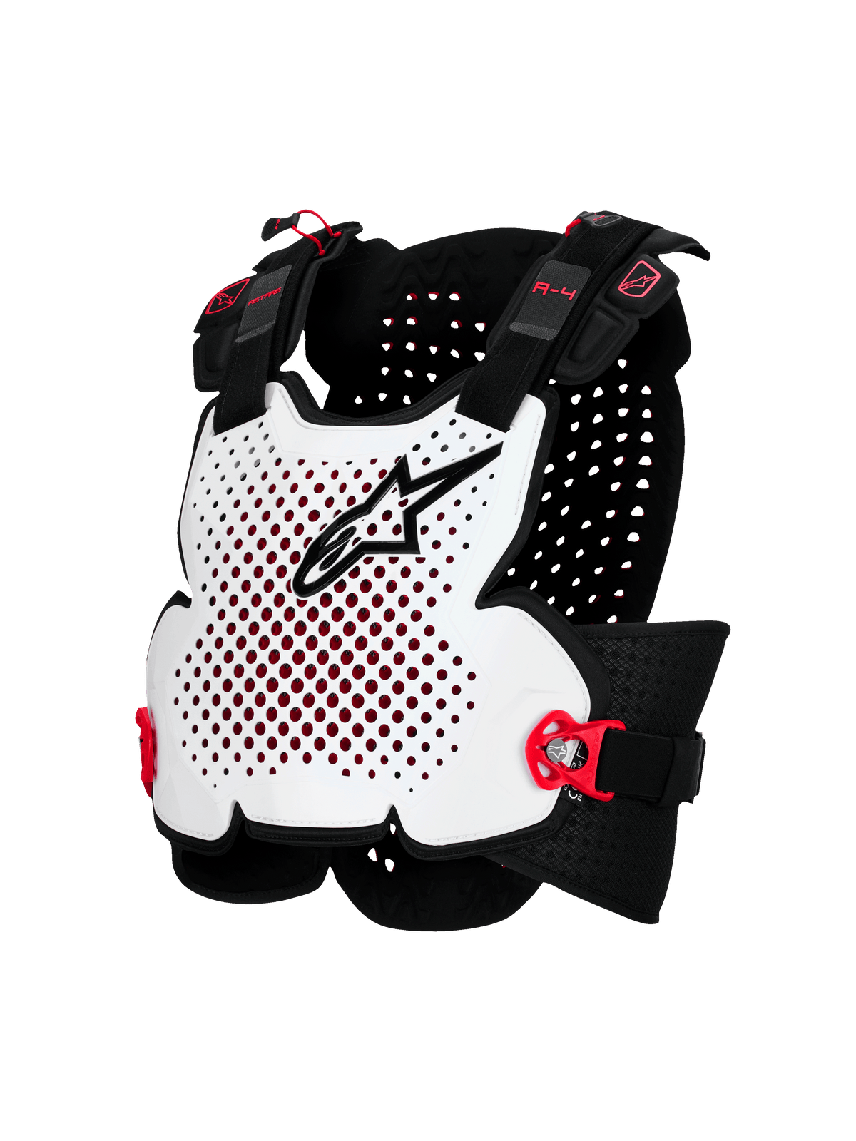 Alpinestars A-4 Plasma borstbeschermer, motorbescherming, wit met zwarte en rode accenten, geventileerd hardshell ontwerp, verstelbare zijriemen, lichtgewicht off-road bescherming