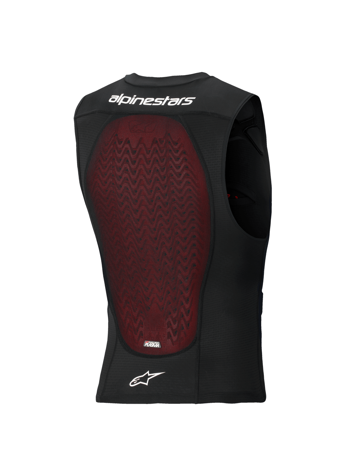 Alpinestars Bionic Plasma LT Beschermvest, achteraanzicht, zwart ademend mesh met een grote rode Nucleon PLASMA rugbeschermer, voorzien van wit Alpinestars woordmerk en logo, ontworpen voor off-road en motorcross impactbescherming