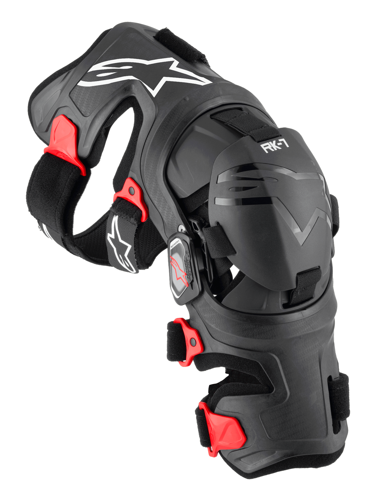 Alpinestars RK-7 Plasma kniebrace, motorcross kniebeschermer, zwart met rode accenten en witte logo's, ergonomisch vezelversterkt frame met verstelbare riemen en vierpuntscharniersysteem, duurzame off-road beschermingsuitrusting