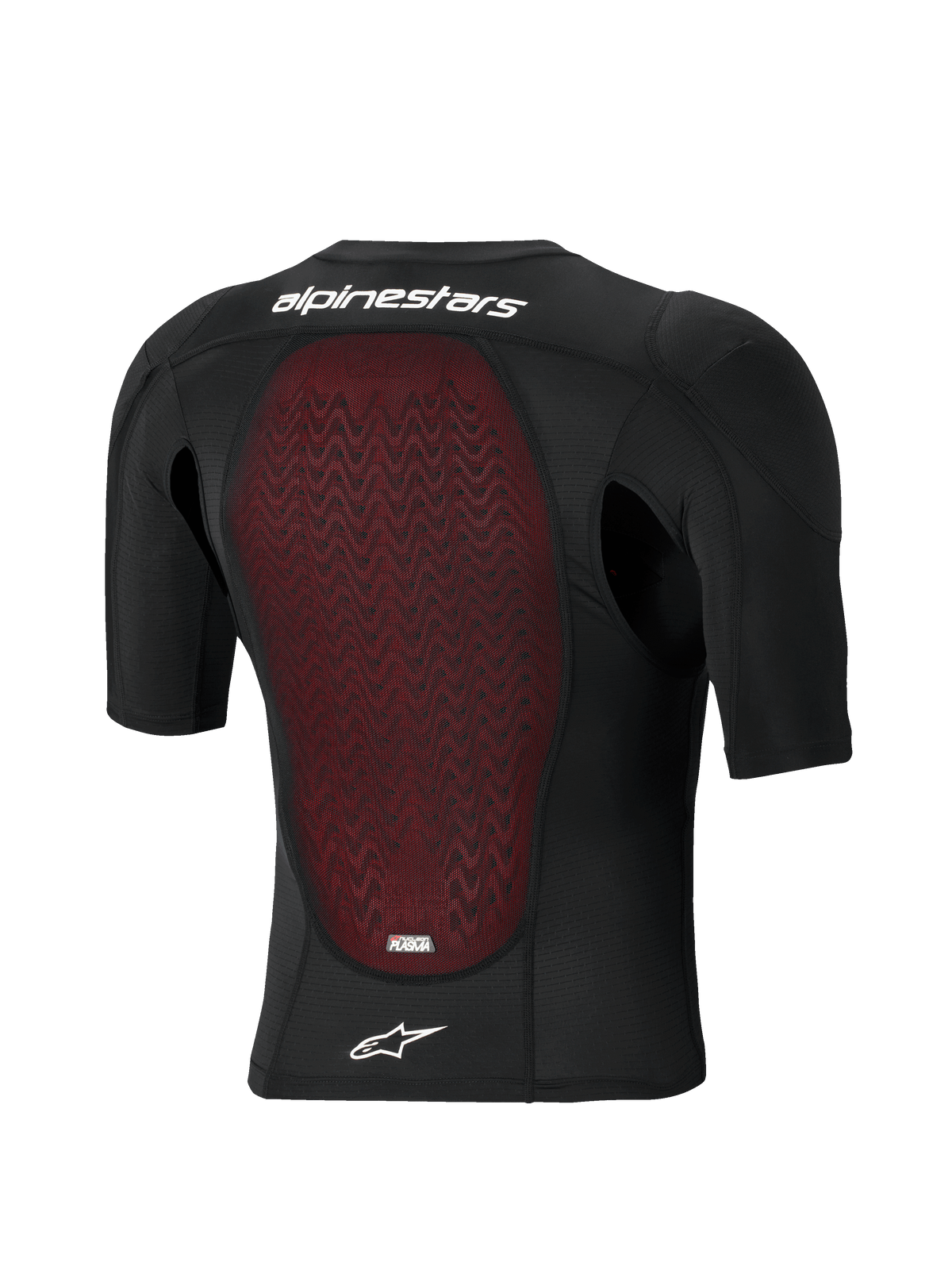 Veste de protection Alpinestars Bionic Plasma LT - Manches courtes, vue arrière, construction en mesh respirant noir avec protection dorsale Nucleon PLASMA texturée rouge, lettrage Alpinestars et logo étoile blancs, équipement de protection pour le motocross et le tout-terrain