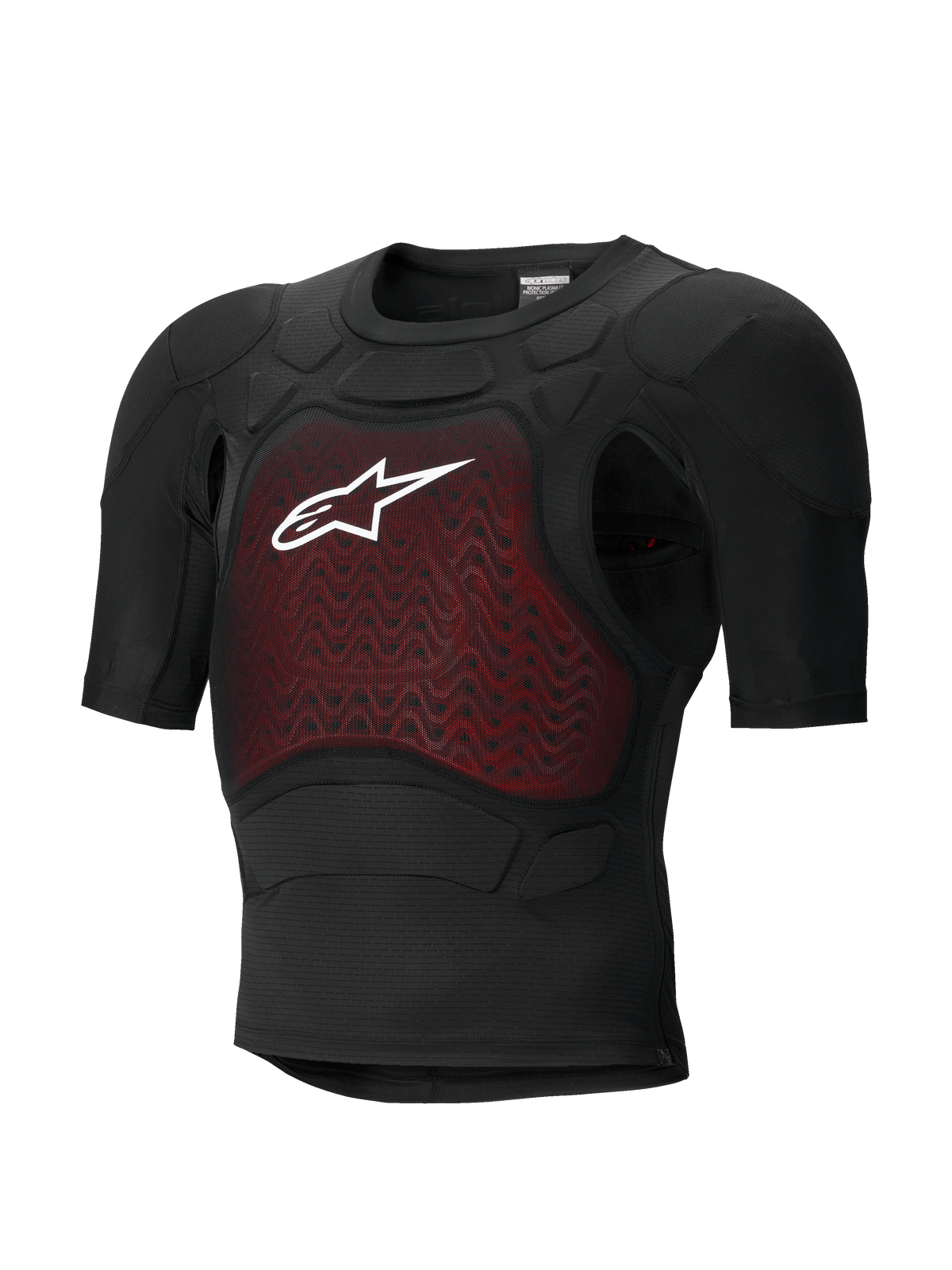 Alpinestars Bionic Plasma LT Protection Jacket - Manches courtes, noire et rouge, protection moto avec rembourrage certifié CE, châssis en mesh respirant léger, avec panneau de poitrine texturé rouge et logo Alpinestars blanc