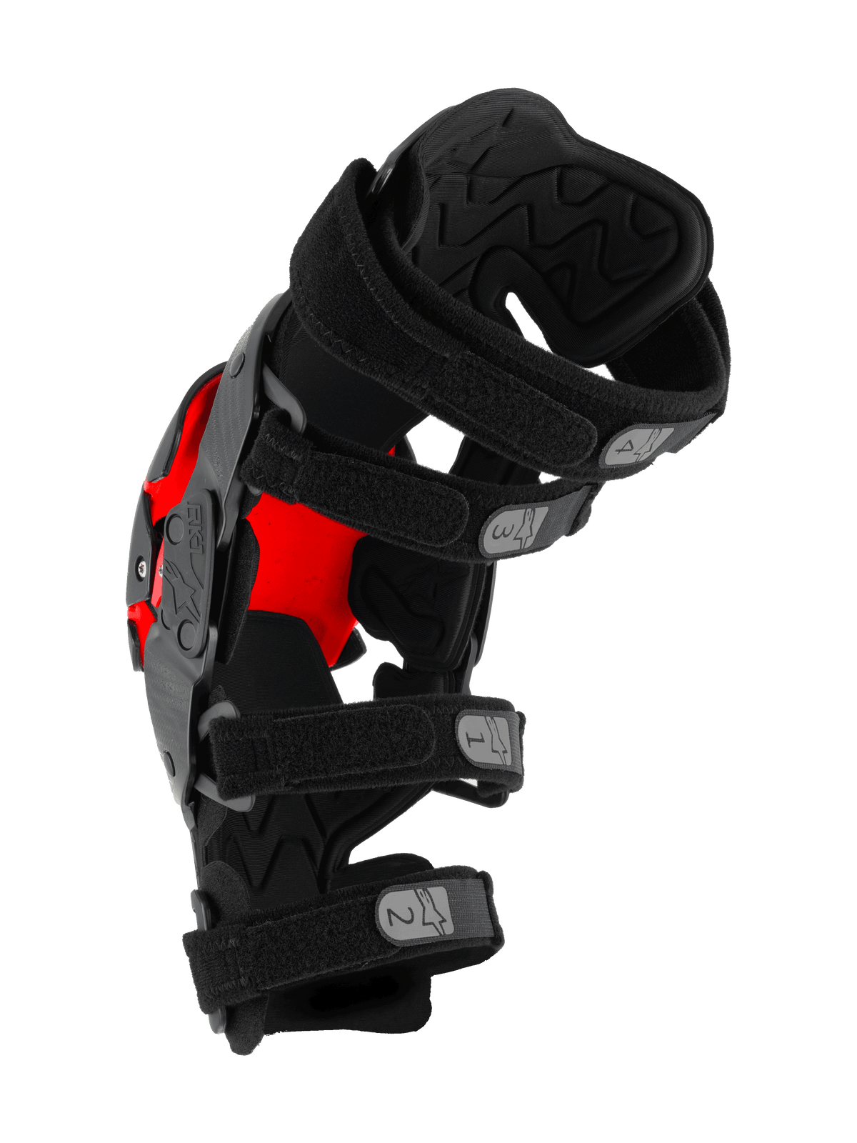 Alpinestars RK-1 Plasma Knieorthese, Motocross-Knieschutz, Schwarz und Rot, Seitenansicht mit vier nummerierten, verstellbaren Gurten und strukturierter Innenpolsterung, technische Schutzausrüstung für den Offroad-Rennsport