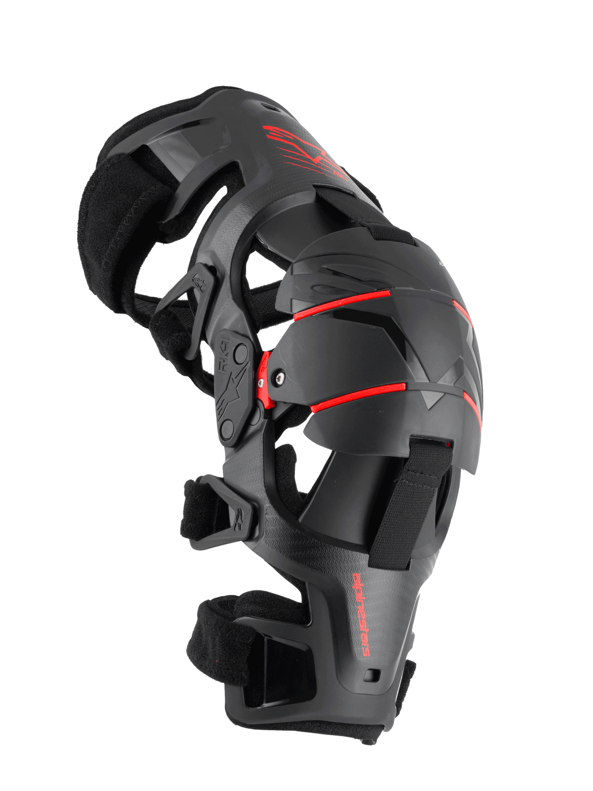 Alpinestars RK-1 Plasma Knieorthese, Motorrad-Knieschutz, Schwarz und Rot, Seitenprofil mit beweglichem Vier-Punkt-Scharniersystem, dreifach segmentierter Knieschale und verstellbaren Riemen für den Offroad-Rennsport