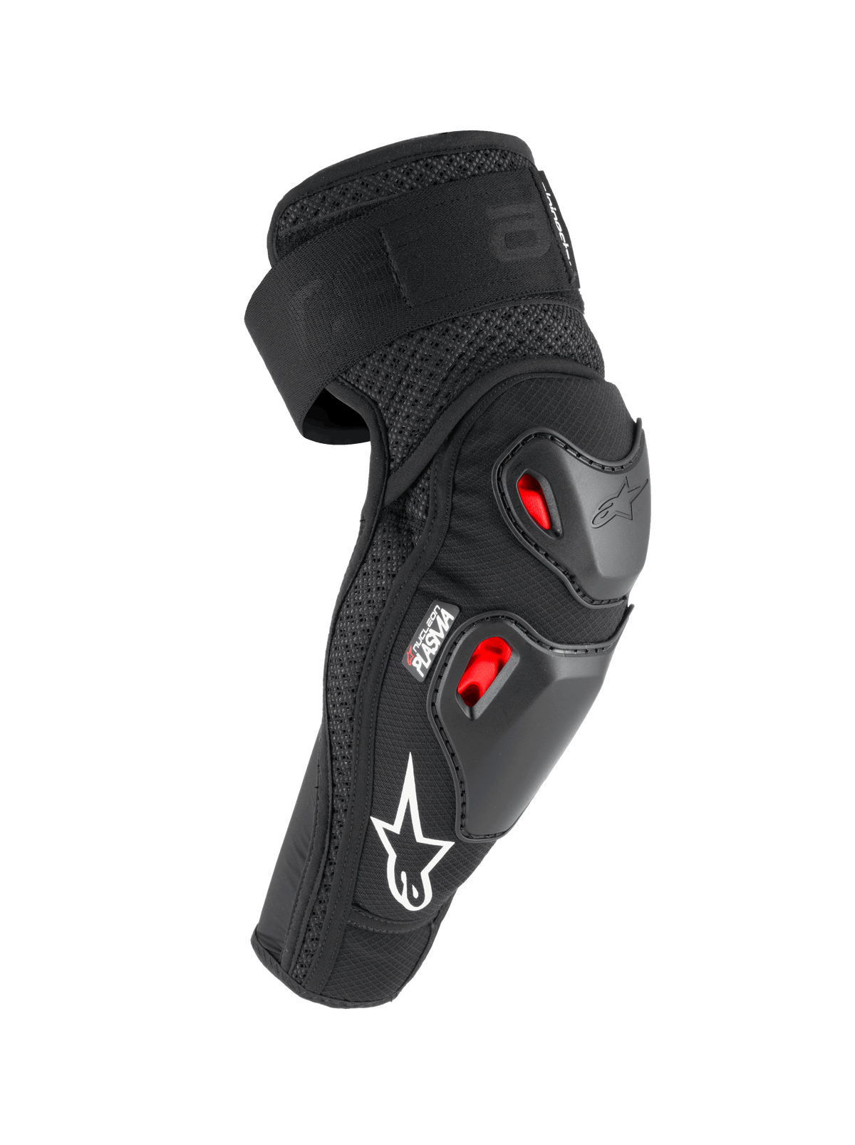 Alpinestars Bionic Pro Plasma Elbow Protectors, Black Red and White, featuring dual thermoplastic shells and Nucleon PLASMA impact protection, breathable mesh design with white logo, off-road motorcycle protective gear