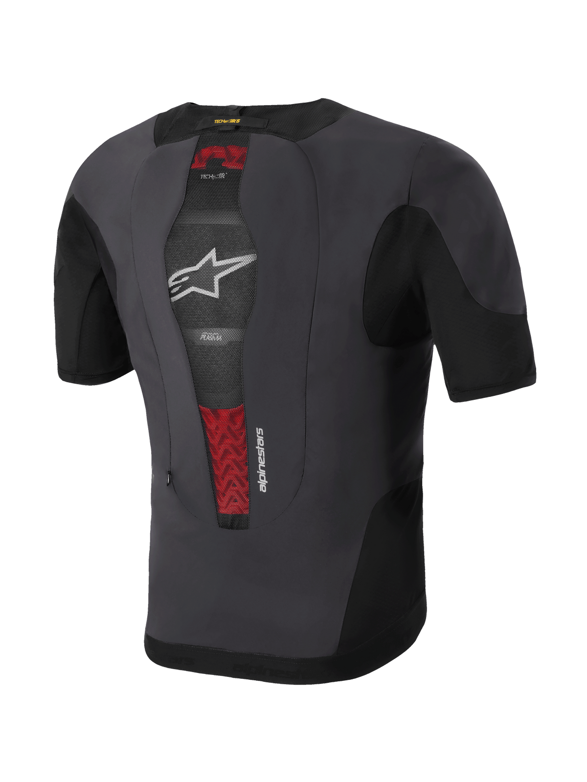 Alpinestars Tech-Air® 5 Plasma Systeem, motor airbagvest, achteraanzicht, zwart en donkergrijs, met geïntegreerde PLASMA-rugbeschermer zichtbaar door centraal mesh-paneel met rode details, wit sterlogo, slank en ademend ontwerp voor onder de jas