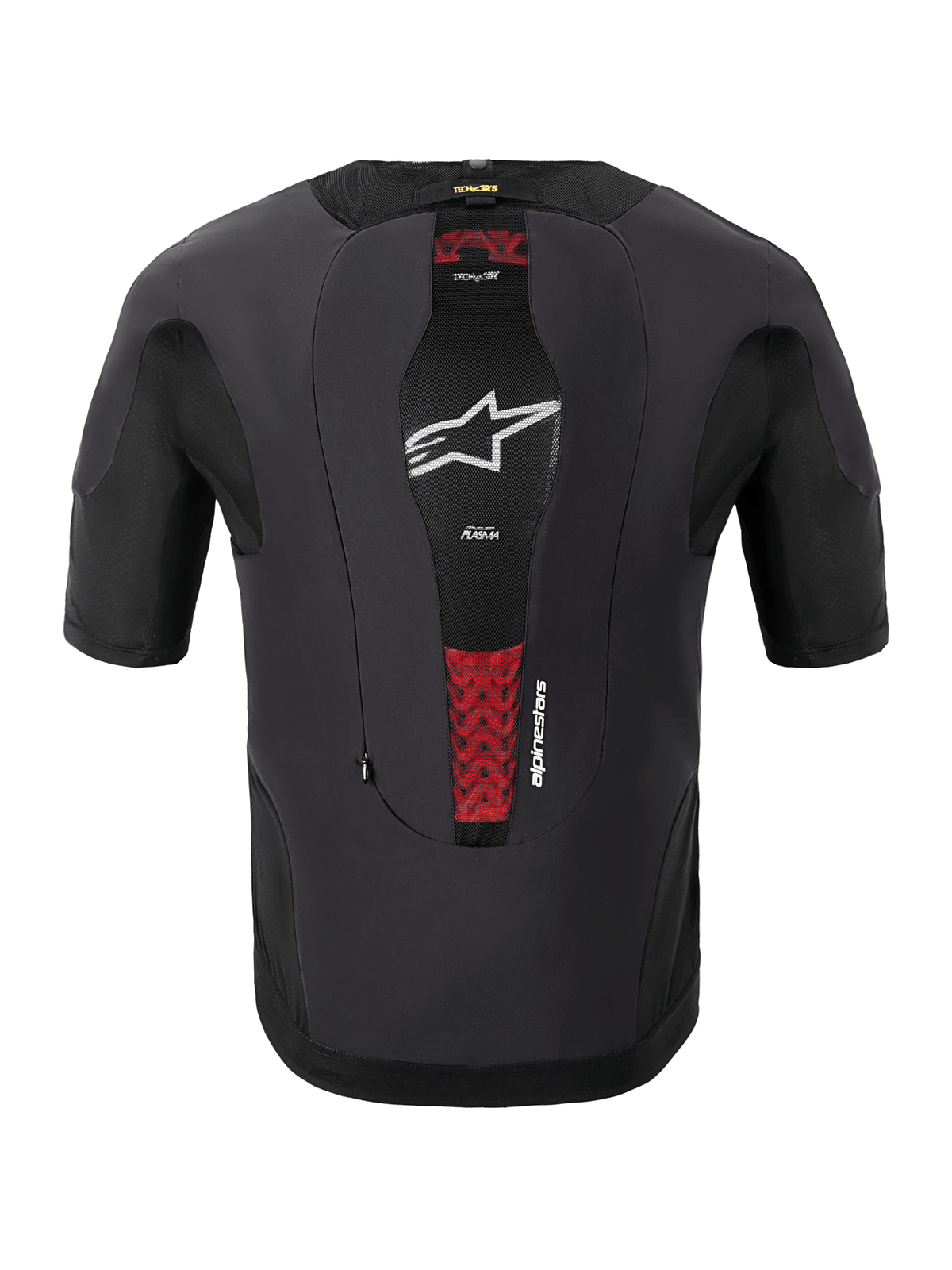 Alpinestars Tech-Air® 5 Plasma Systeem, motorairbagsysteem, achteraanzicht, zwart, centraal mesh-paneel met wit ster-logo en rode accenten van de interne PLASMA-rugbeschermer, nauwsluitend ontwerp met korte mouwen voor bescherming onder de jas