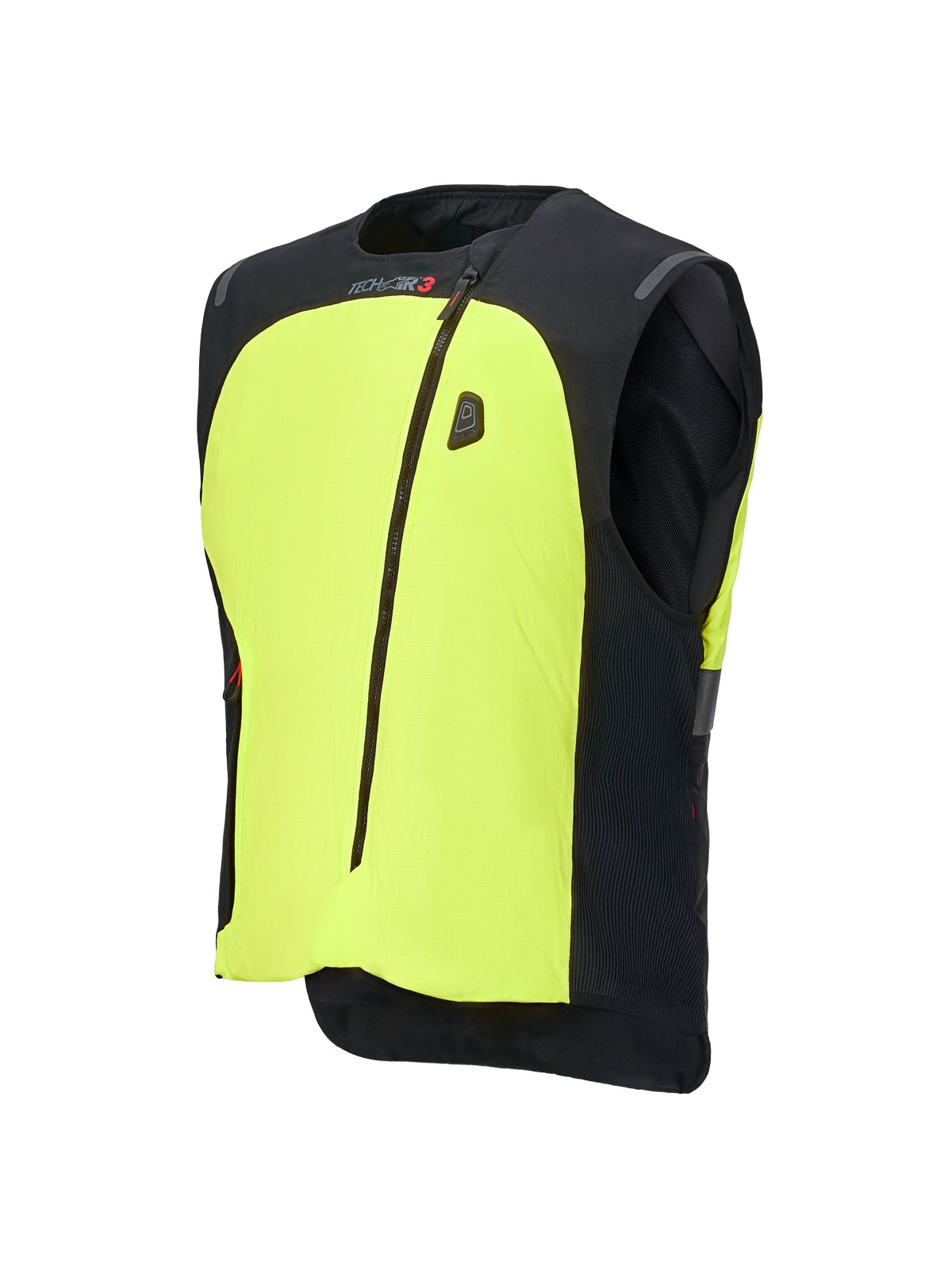 Alpinestars Tech-Air® 3 V2 System, Motorcycle Airbag Vest, Black and Yellow Fluo, featuring a prominent neon yellow front panel, central zipper, integrated LED status display, and Tech-Air branding, lightweight autonomous airbag protection for road riding