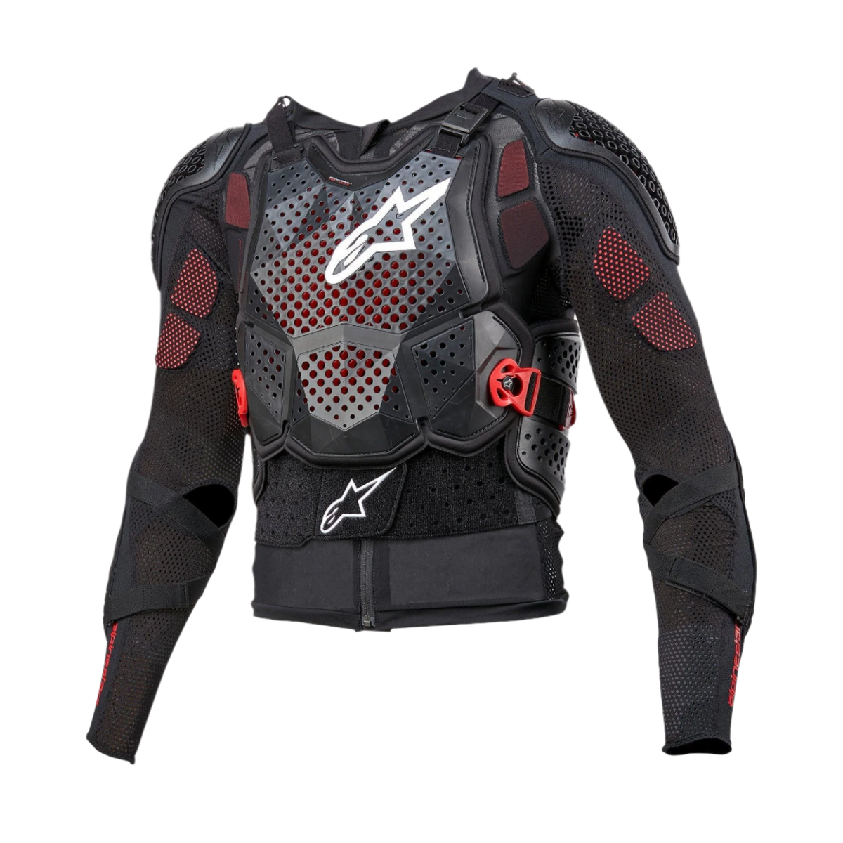 Alpinestars Bionic Tech V3 Beschermingsjack, motorfiets body armor, zwart met witte en rode accenten, voorzien van een geperforeerde borstbeschermer met een wit ster-logo, verstelbare rode gespen, geïntegreerde schouder- en elleboogbeschermers en een ademende mesh basislaag