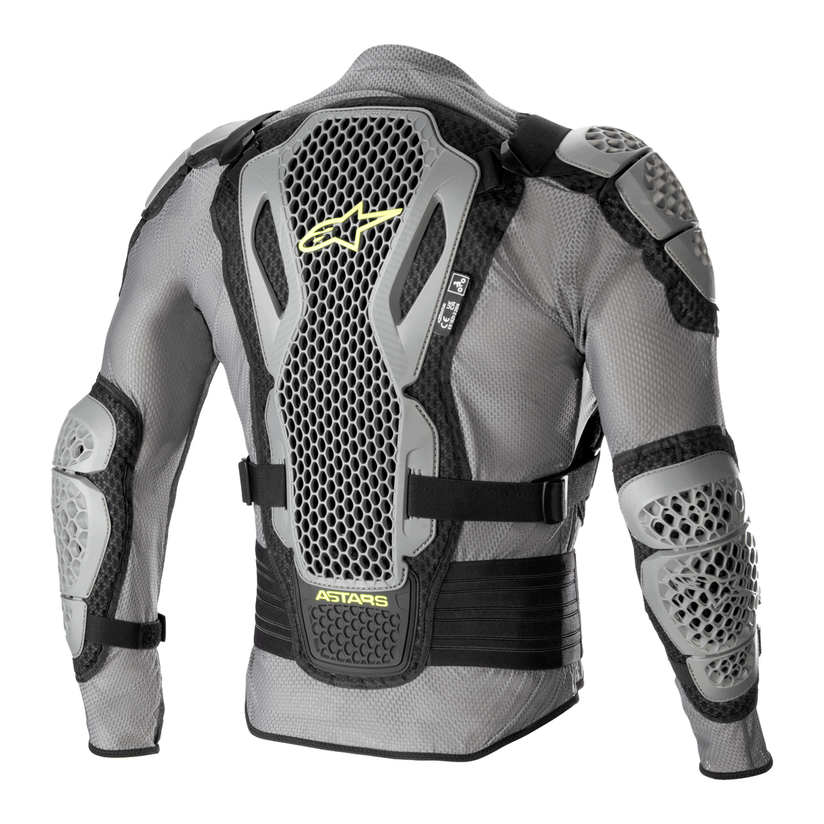 Veste de protection Alpinestars Bionic Action V2, vue arrière, gris et noir avec accents jaune fluo, dotée de protections dorsale, d'épaules et de coudes Cell Technology hautement perforées, châssis en mesh gris avec sangles réglables noires et logo Astars jaune