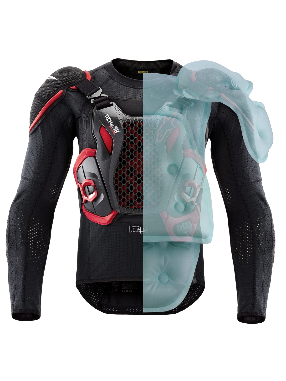 Alpinestars Tech-Air Off-Road System, FIM-homologated enduro and rally motorcycle airbag protection jacket, Black and Red, showing active airbag coverage on one side