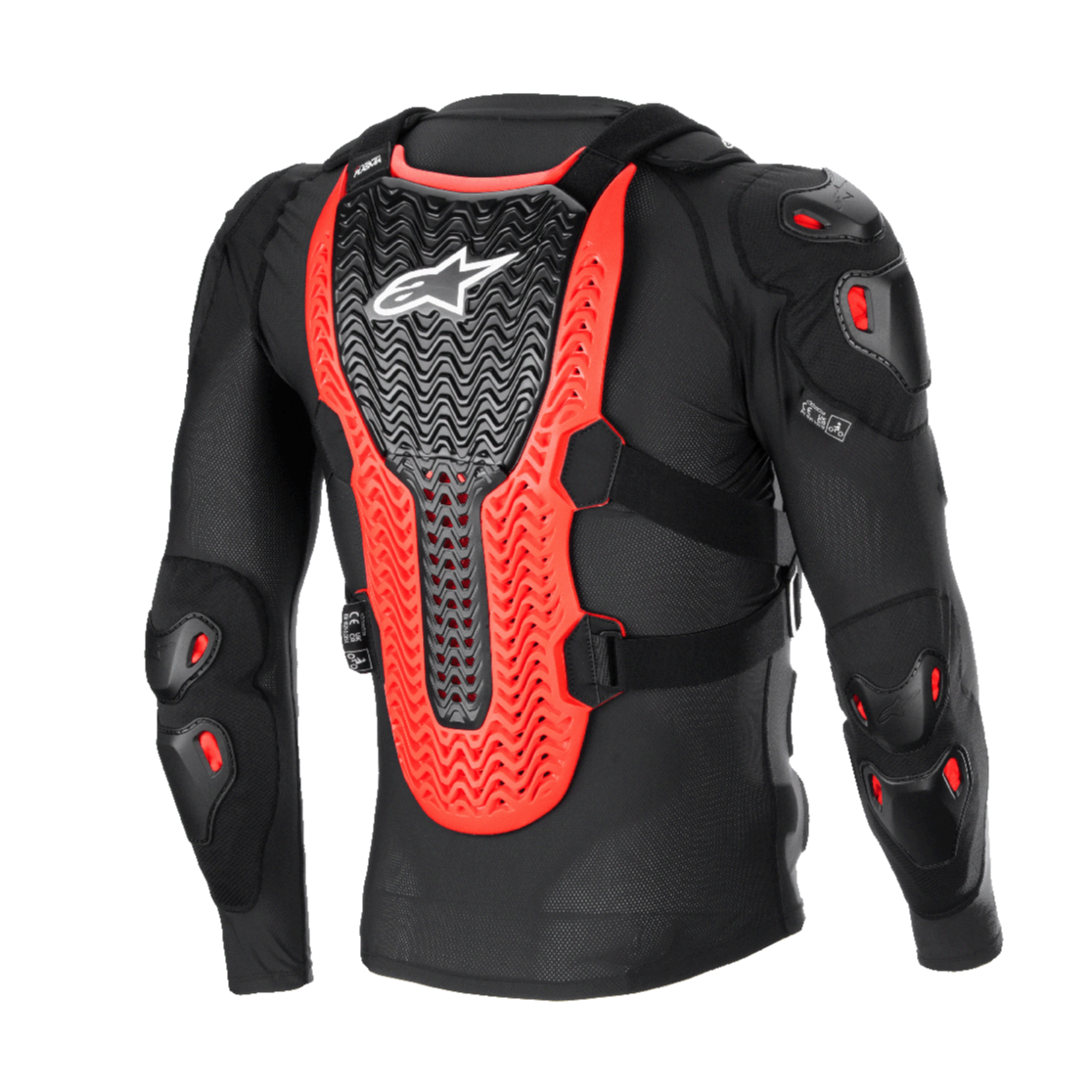 Alpinestars Bionic XTR Plasma Beschermingsjas, zwart, rood en wit, achteraanzicht met de grote geribbelde Nucleon PLASMA rugbeschermer, schouder- en elleboogpadding, zwarte mesh-constructie voor off-road motorcross bescherming