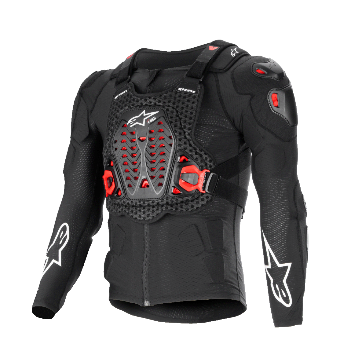 Alpinestars Bionic XTR Plasma beschermingsjas, zwart met rode en witte accenten, body armor voor motorrijders, ademend chassis met mesh-textuur, geventileerde borstplaat met rode Nucleon PLASMA-inzetstukken, witte sterlogo's op de mouwen, verstelbare gespen aan de zijkant, high-impact off-road uitrusting