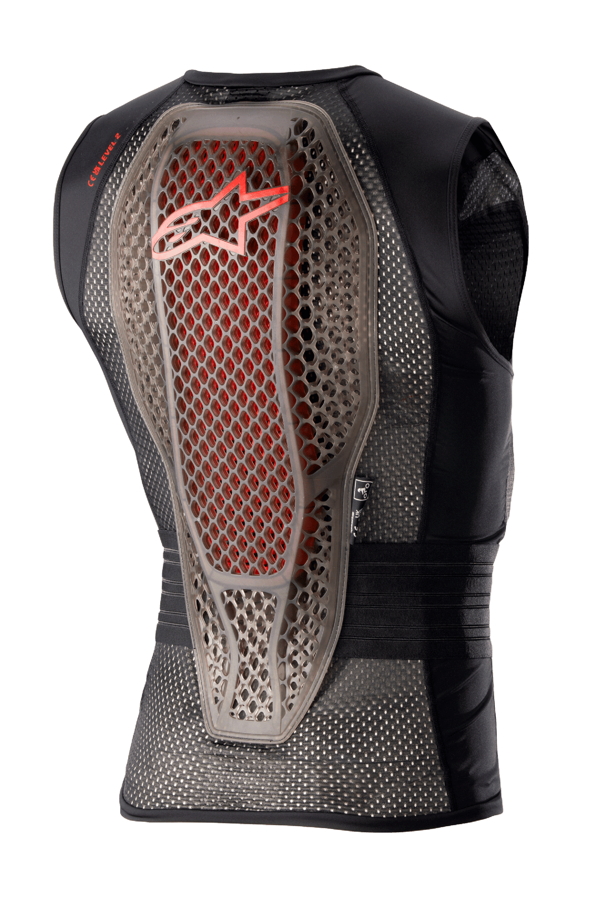 Alpinestars Nucleon Flex Pro Protection Vest, motorbeschermvest, Transparent Smoke Rood Zwart, achteraanzicht met de hybride Cell-structuur rugbeschermer met rode accenten, geventileerd zwart mesh chassis en ergonomisch veiligheidsontwerp