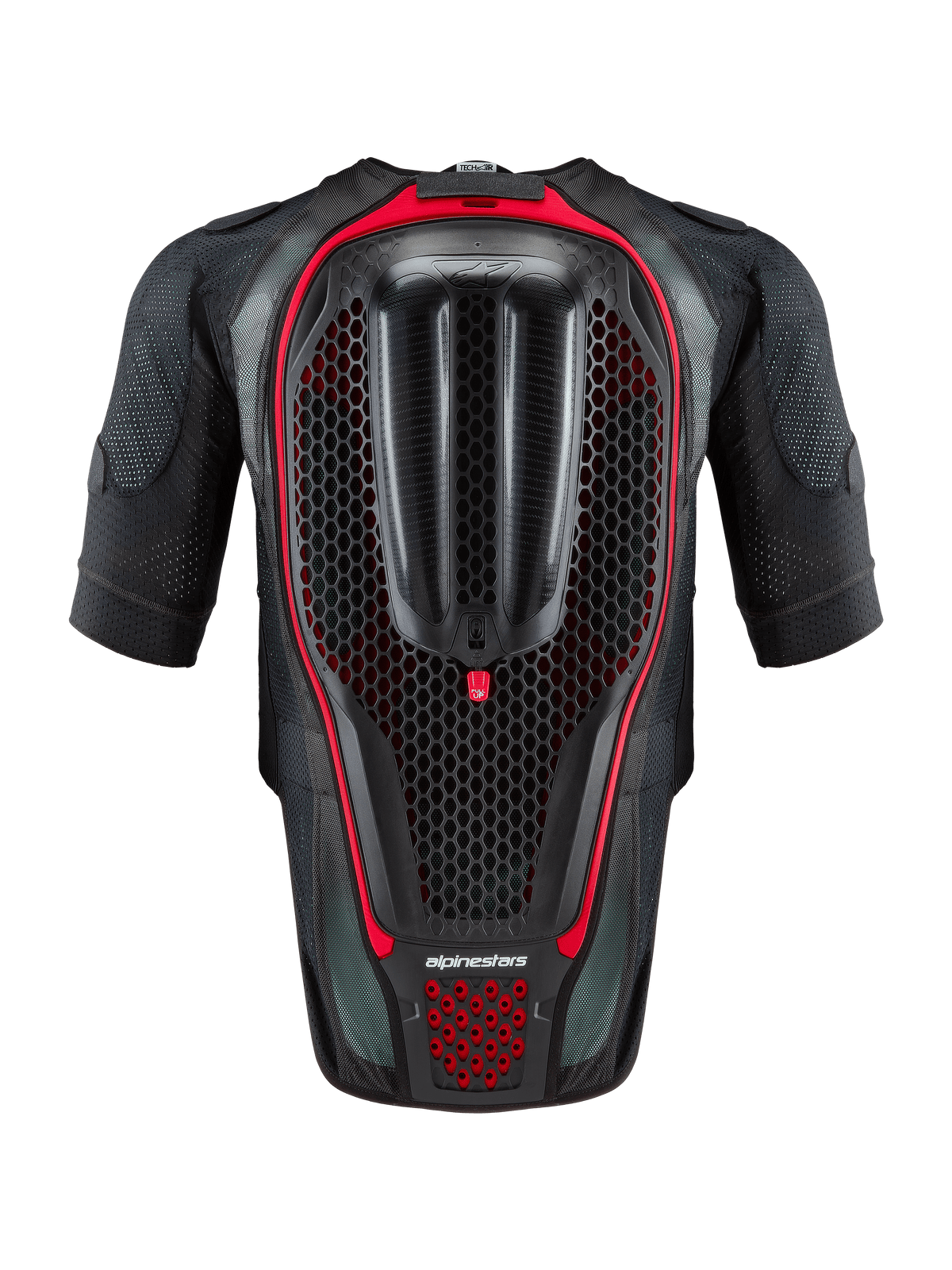 Alpinestars Tech-Air® 7X-systeem, autonoom motorairbagvest, zwart en rood, achteraanzicht met de geïntegreerde honingraat rugprotector en geventileerde mesh-constructie voor rijden op het circuit en de weg.
