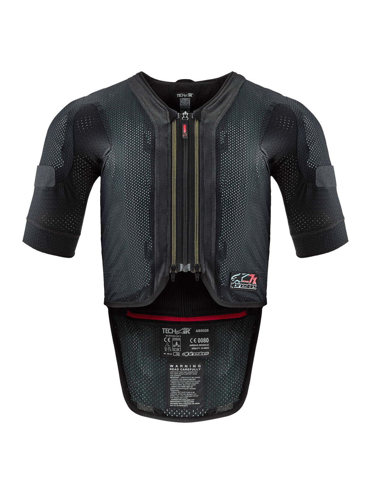 Alpinestars Tech-Air® 7X Systeem, motor airbagvest, zwart en rood, vooraanzicht met een geventileerd mesh-chassis, centrale rits met rode trekker en interne certificeringslabels, hoogwaardige bescherming voor rijden op het circuit en op de weg