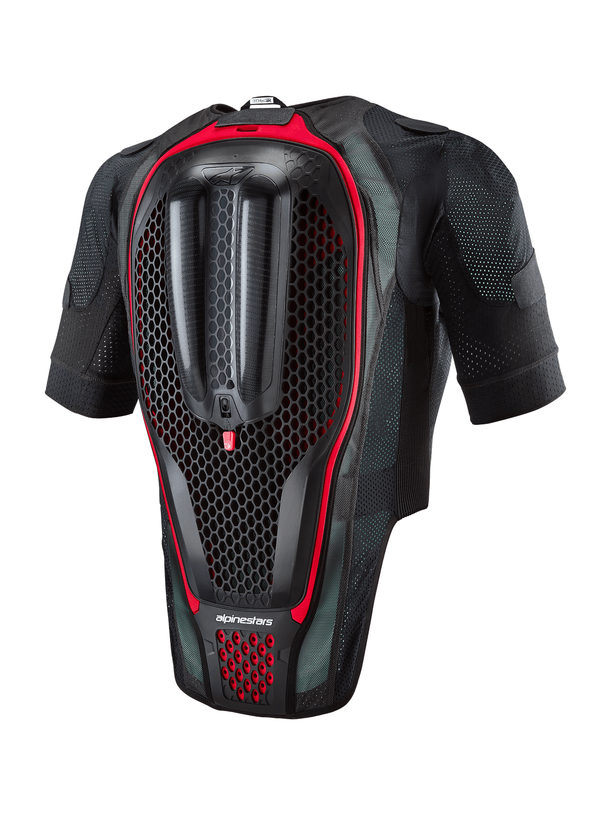 Alpinestars Tech-Air® 7X Systeem, motor airbagvest, achteraanzicht met de geïntegreerde rugprotector met honingraatstructuur, zwart mesh-materiaal met rode accenten, ergonomische veiligheidsuitrusting voor wegrace en circuitdagen