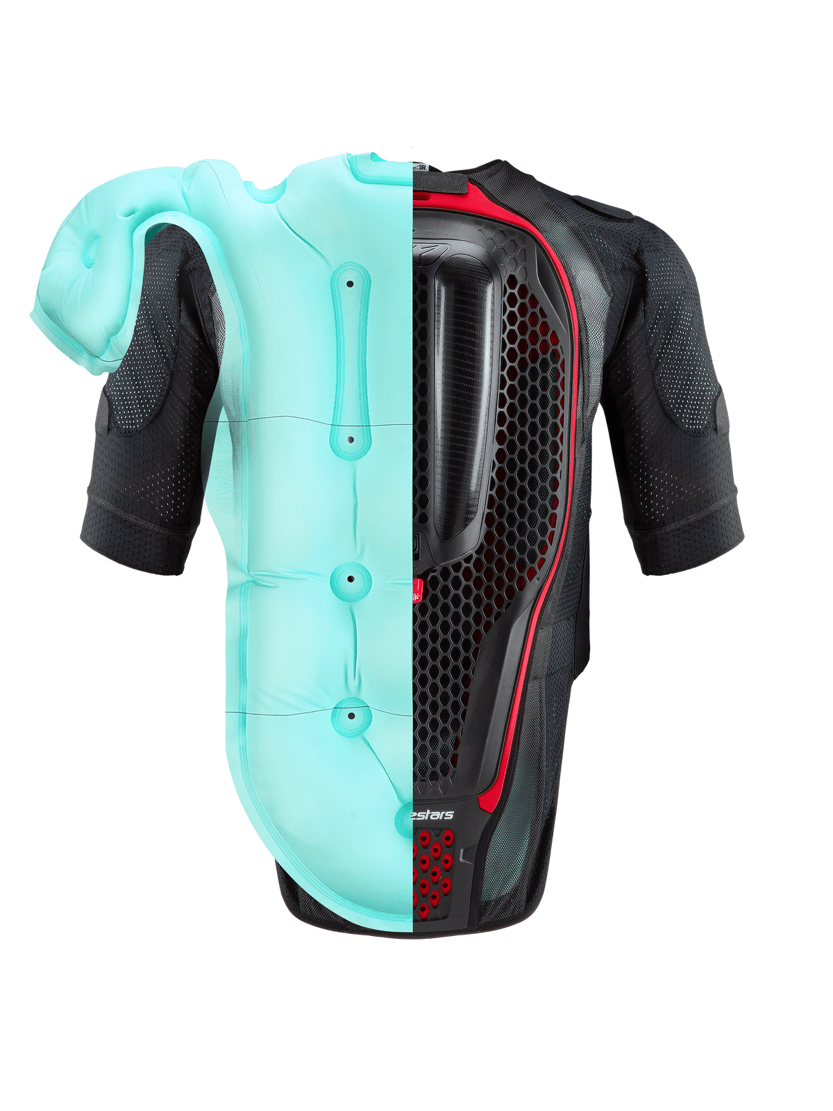Alpinestars Tech-Air® 7X Systeem, motor airbagvest, zwart en rood, achteraanzicht met een gesplitste weergave van de lichtblauwe opgeblazen airbag en de interne honingraat rugprotector, hoogwaardige bescherming voor circuit en straat