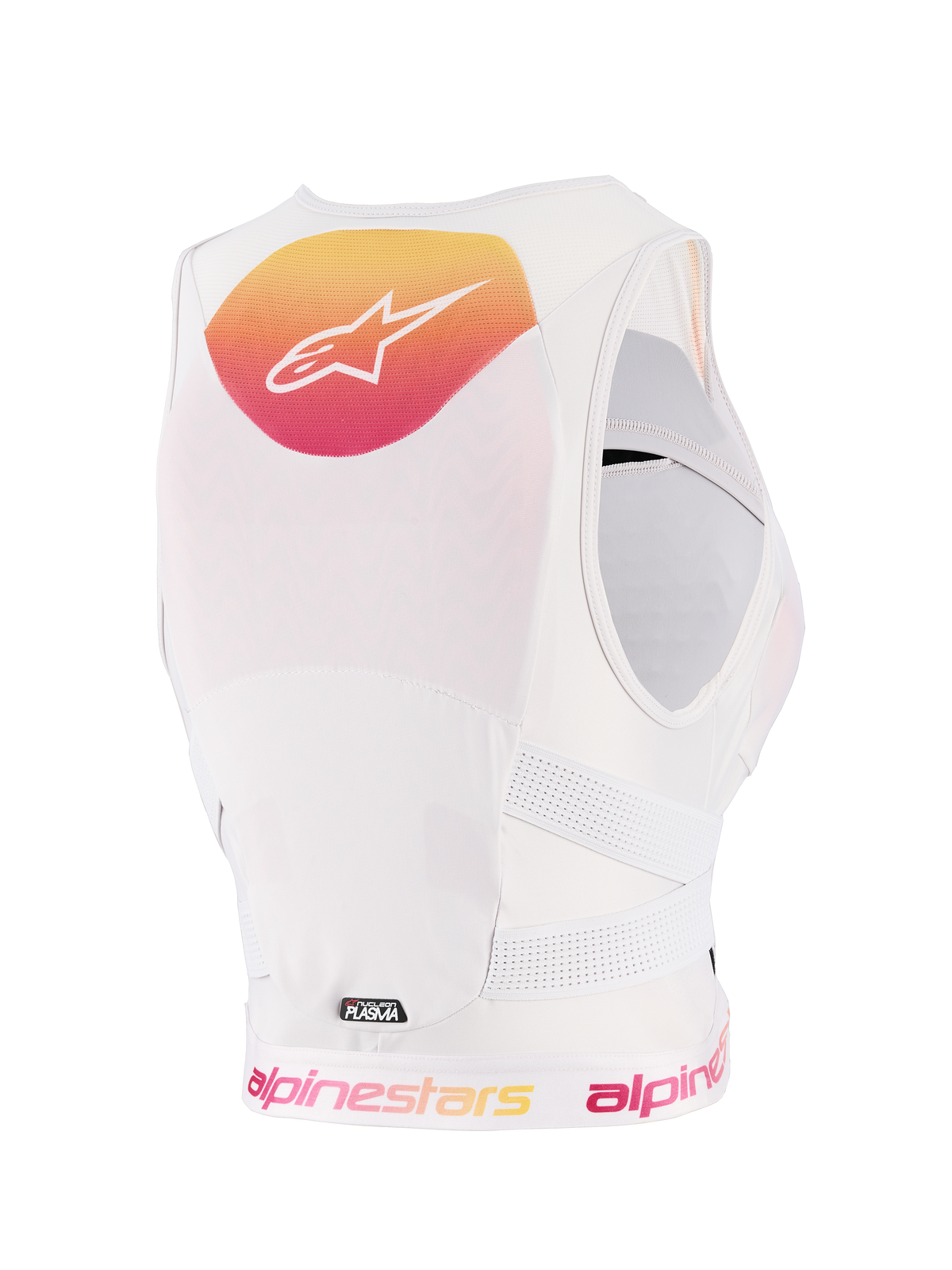 Plastron Alpinestars Stella Plasma pour femme, Light Lilac Fade White, vue arrière présentant un graphique en dégradé jaune et rose avec logo blanc, construction en maille respirante blanche et sangles latérales perforées pour une protection tout-terrain.