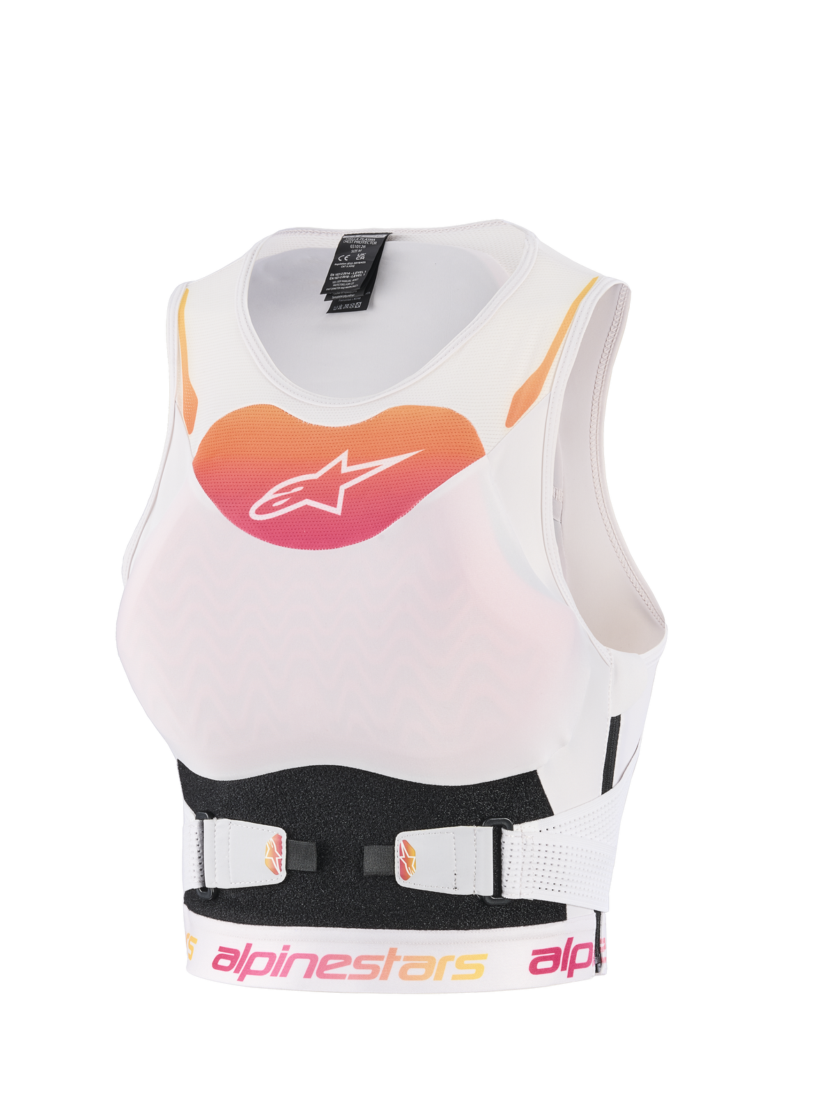 Alpinestars Stella Plasma Chest Protector, gilet de protection de motocross pour femme, blanc avec logo dégradé orange et rose, construction en maille respirante avec sangles en V réglables, protection corporelle tout-terrain ergonomique