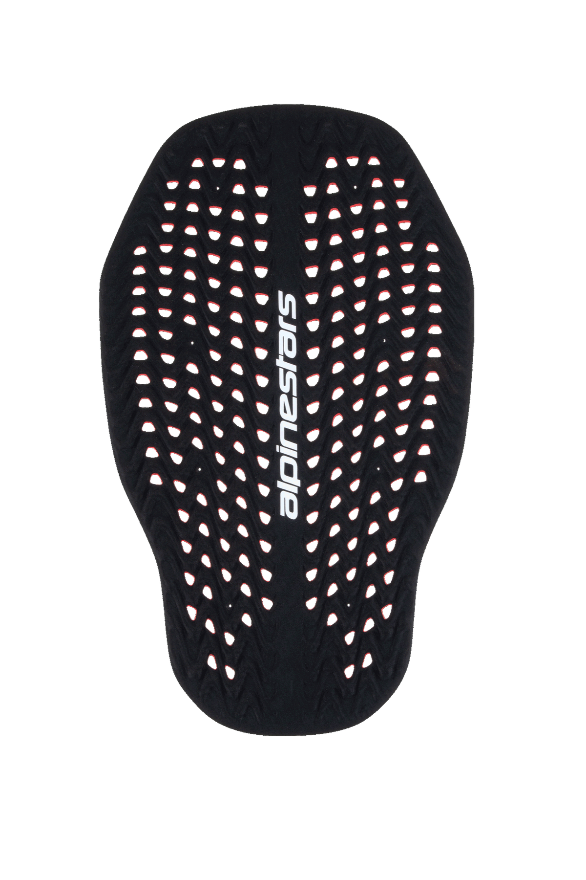 Alpinestars Nucleon Plasma Rugbeschermer Inzetstuk, zwarte en rode motorrugbeschermer, sterk geperforeerde honingraatstructuur voor ventilatie, verticaal wit Alpinestars-logo, lichtgewicht en aanpasbare Level 2 CE-gecertificeerde impactbescherming.