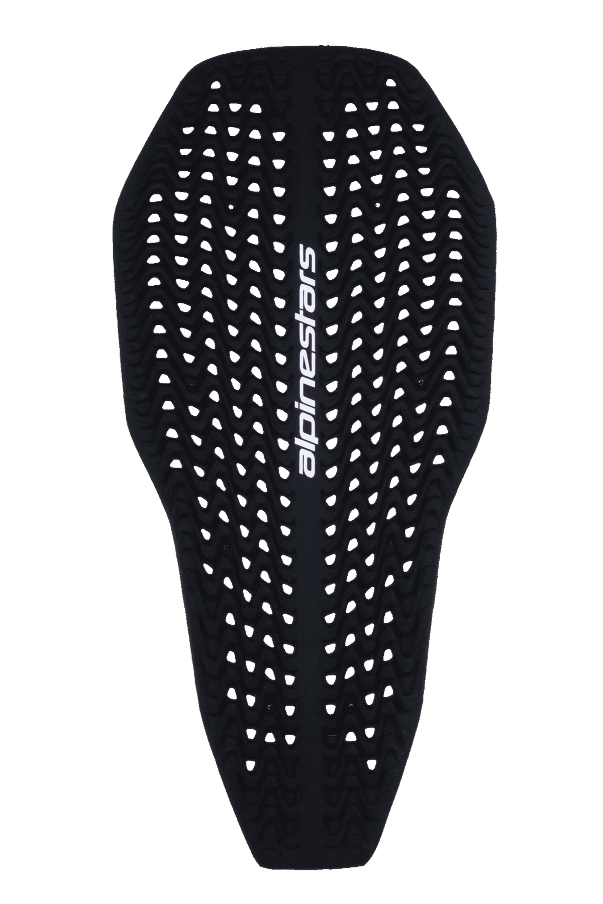 Alpinestars Nucleon Plasma Full Back Protector Insert, motorrugbeschermer, zwart, met een geperforeerde golvende textuur voor ventilatie, wit verticaal Alpinestars-logo, slank en flexibel gevormd ontwerp