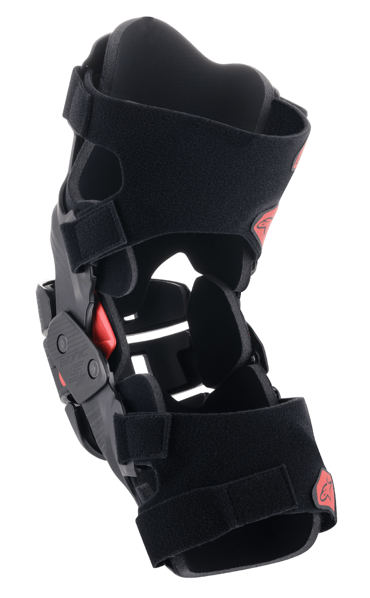 Alpinestars Youth Bionic 5S kniebrace, motorcross kniebeschermer, zwart en rood, met een hybride frameconstructie, stabiel vierpuntscharniersysteem en verstelbare klittenbandriemen, beschermend en lichtgewicht ontwerp voor jonge off-road rijders