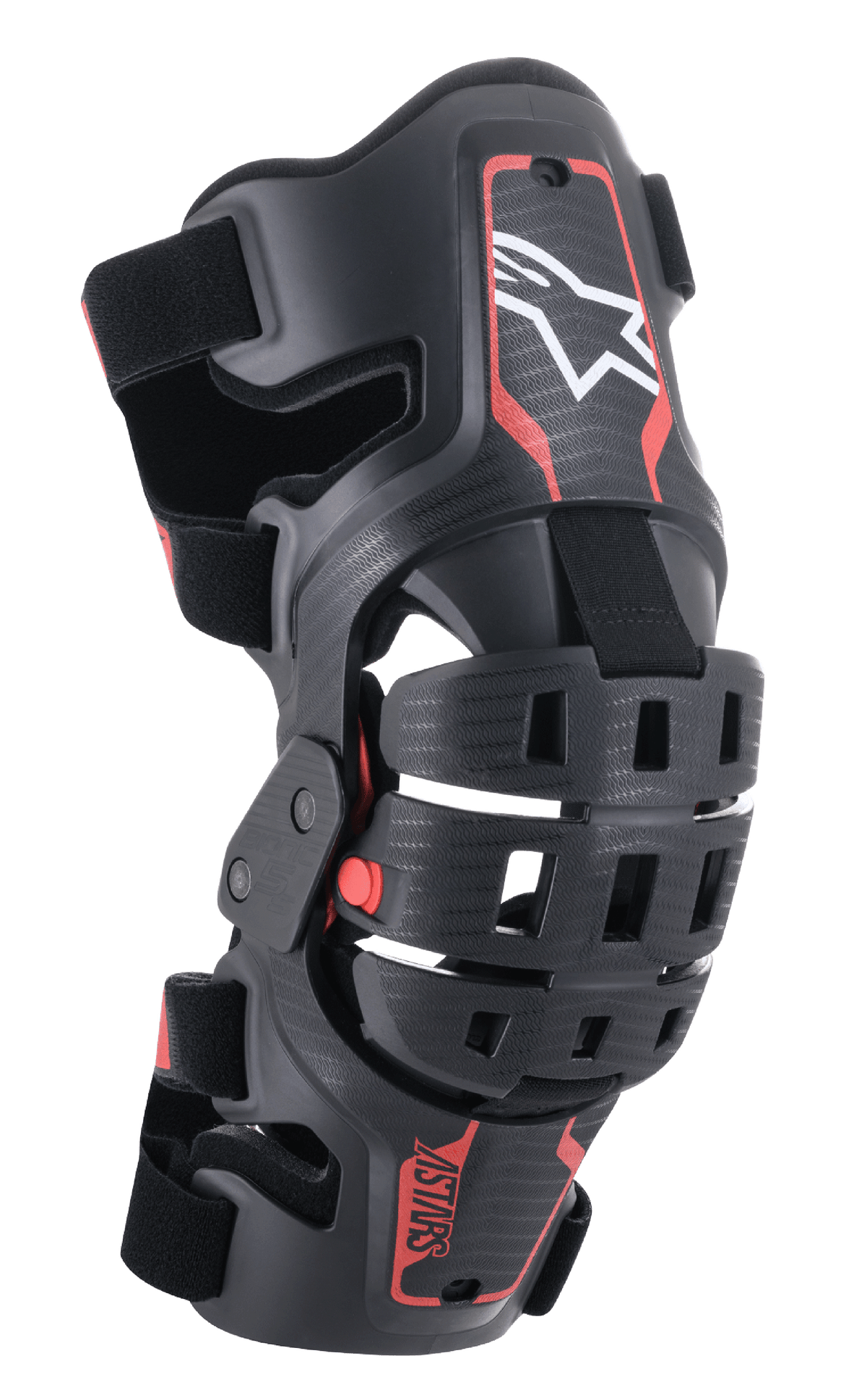 Alpinestars Youth Bionic 5S kniebrace, motorcross kniebeschermer, zwart en rood, voorzien van een wit sterlogo, vierpuntscharnier, robuust composietframe met verstelbare banden, ontworpen voor jeugd off-road racing