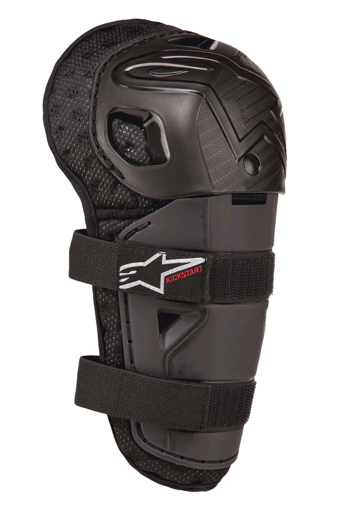 Alpinestars Bionic Action Kickstart kniebeschermer, jeugd motorcross knie- en scheenbeschermer, zwart, met gearticuleerde plastic schaal, dubbele elastische bandsluiting met wit logo en rode Kickstart-branding, gewatteerde mesh-achterkant voor off-road bescherming