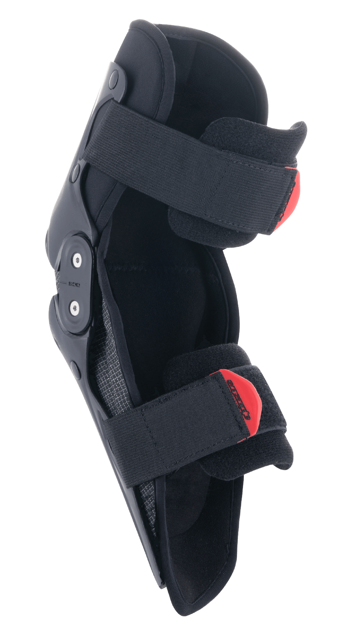 Alpinestars Youth SX-1 Kniebeschermer, motorcross kniebescherming, zwart en rood, met een dubbel scharniersysteem en een verstelbaar dubbel riemsysteem met rode treklipjes, lichtgewicht en duurzame bescherming voor jonge off-road rijders.