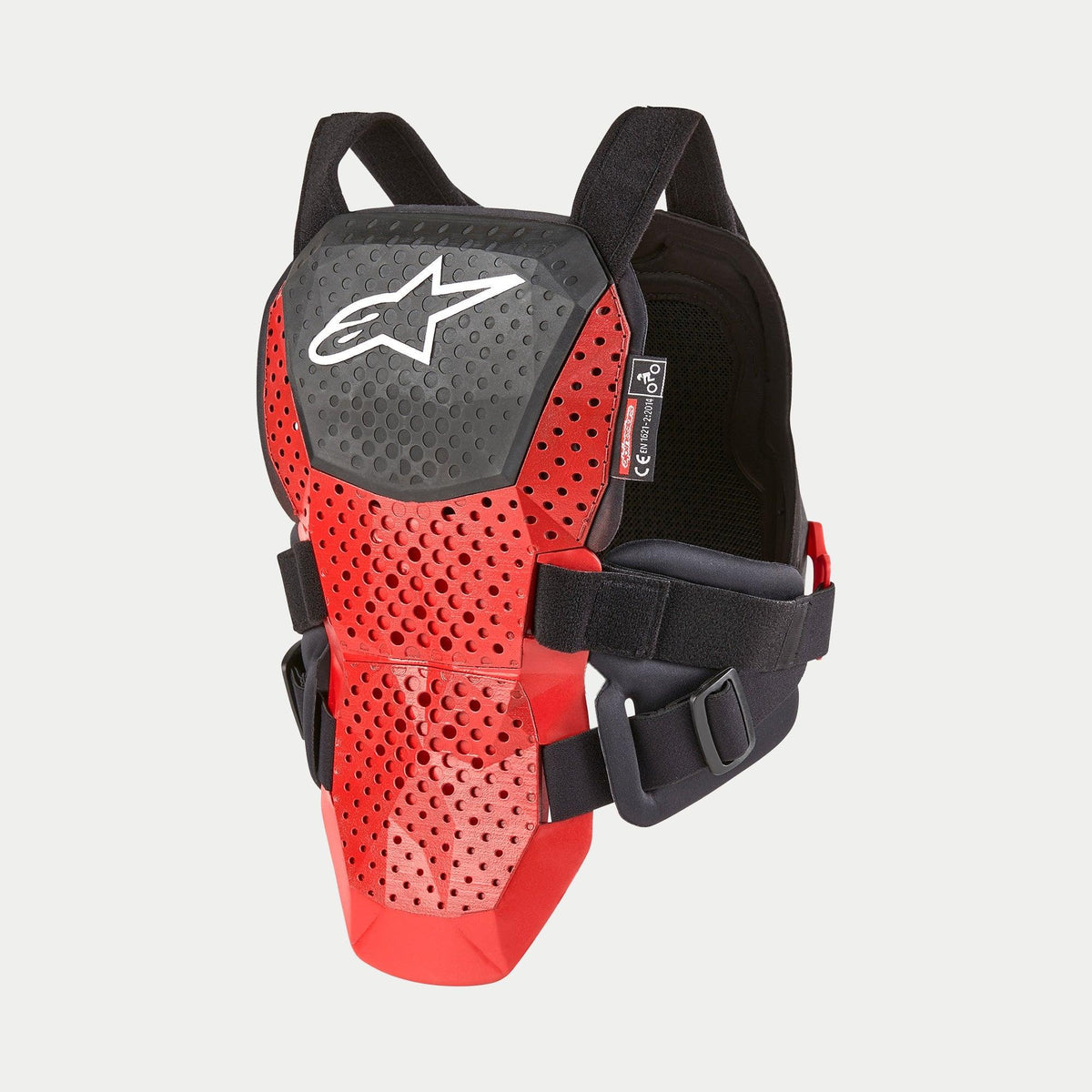 Alpinestars Youth Bionic Tech Protection Jacket, Black White and Red, angled rear view showing the perforated red back protector and adjustable black straps, features white Alpinestars logo, lightweight youth motocross body armor