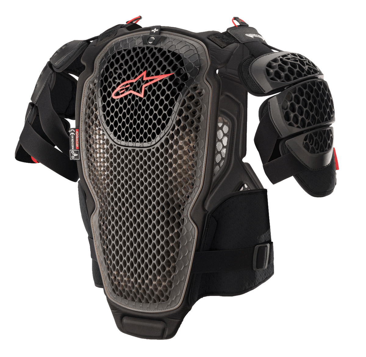 Alpinestars A-6 Borstbeschermer, motorcross body armor, zwart, antraciet en rood, voorzien van geperforeerde cell-technologie platen, rood Alpinestars-logo op de borst, verstelbare banden en verwijderbare schouderbeschermers, beschermende off-road uitrusting