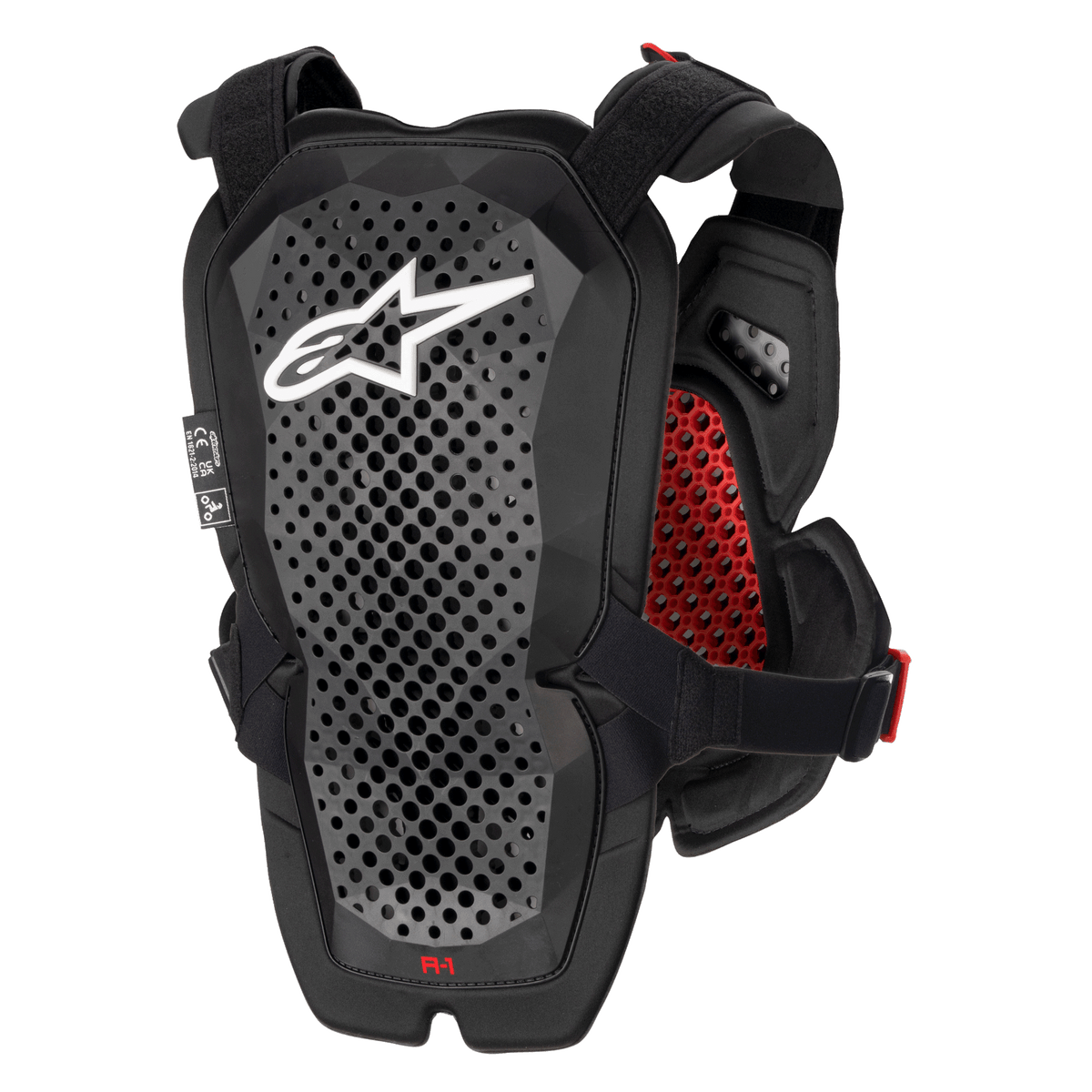 Alpinestars A-1 Pro Borstbeschermer, antraciet zwart en rood, achteraanzicht met het rugbeschermerpaneel, geperforeerde Polyhedron Technology voor ventilatie, wit Astars-logo, rode honingraatvoering aan de binnenkant, off-road motorbescherming