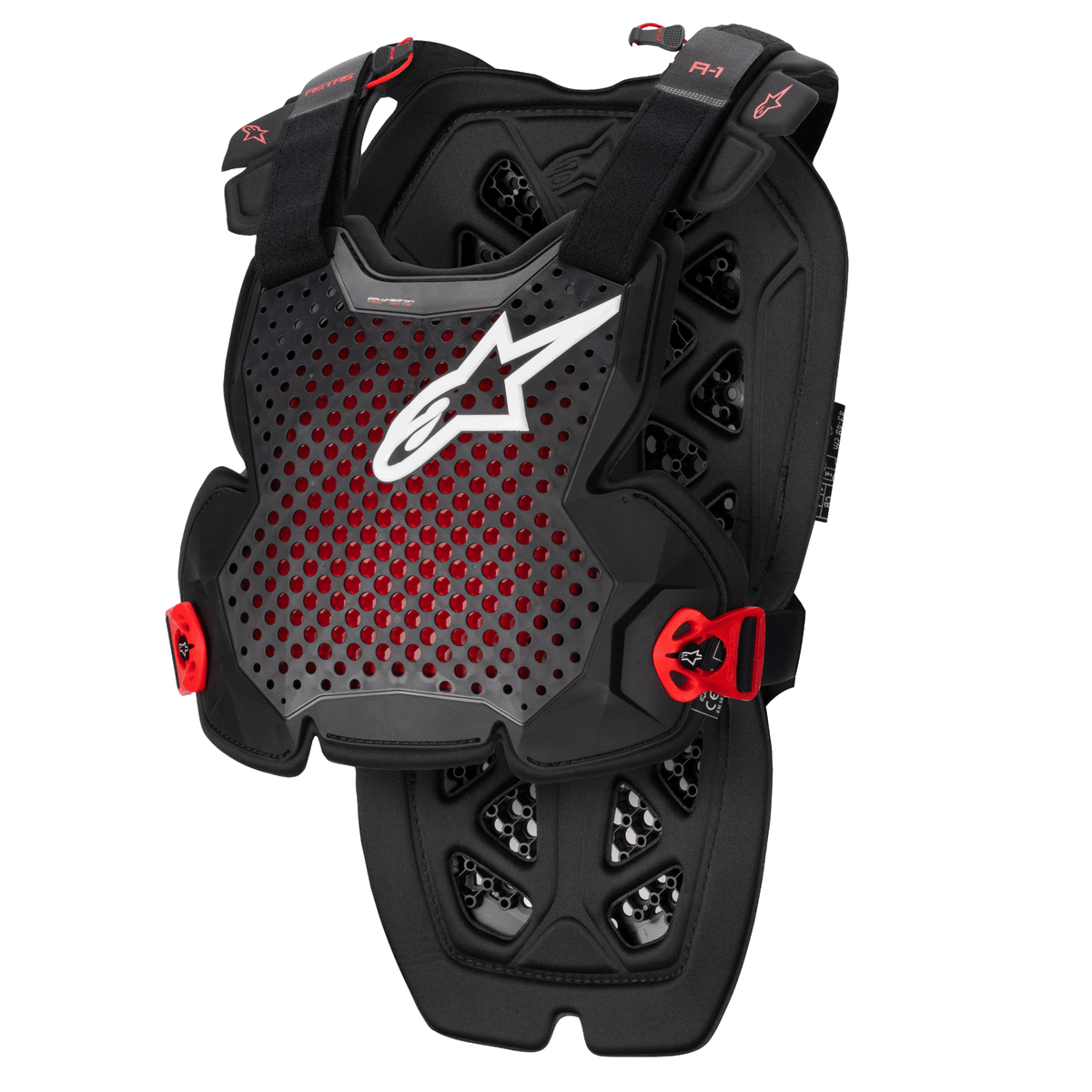 Alpinestars A-1 Pro borstbeschermer, antraciet zwart en rood, geperforeerd ademend ontwerp met wit logo, verstelbare riemen met rode gespen, hexagonaal ventilatiepatroon, lichtgewicht beschermende uitrusting voor motorcross en off-road