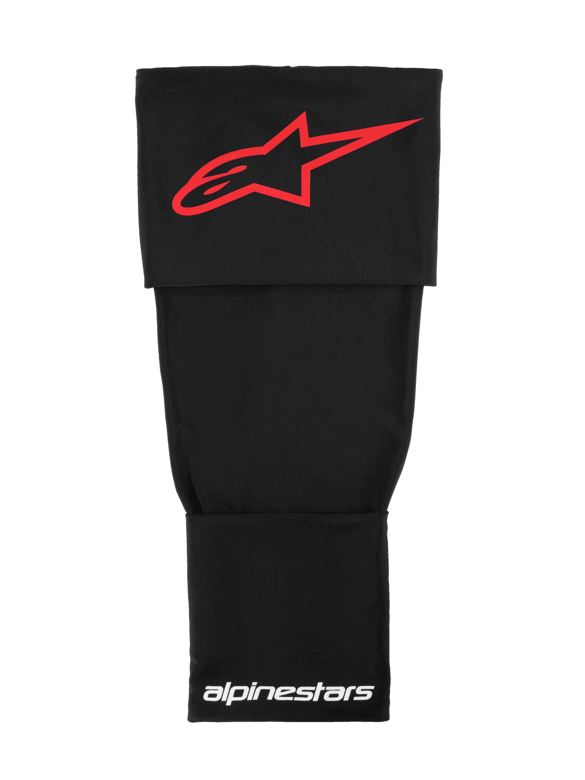 Alpinestars Rk-S Knieschutzhülse, Technische Motocross-Basisschicht, Schwarz mit rotem Alpinestars-Logo und weißem Schriftzug, dehnbares doppellagiges Gewebe zur Unterstützung unter Knieschützern