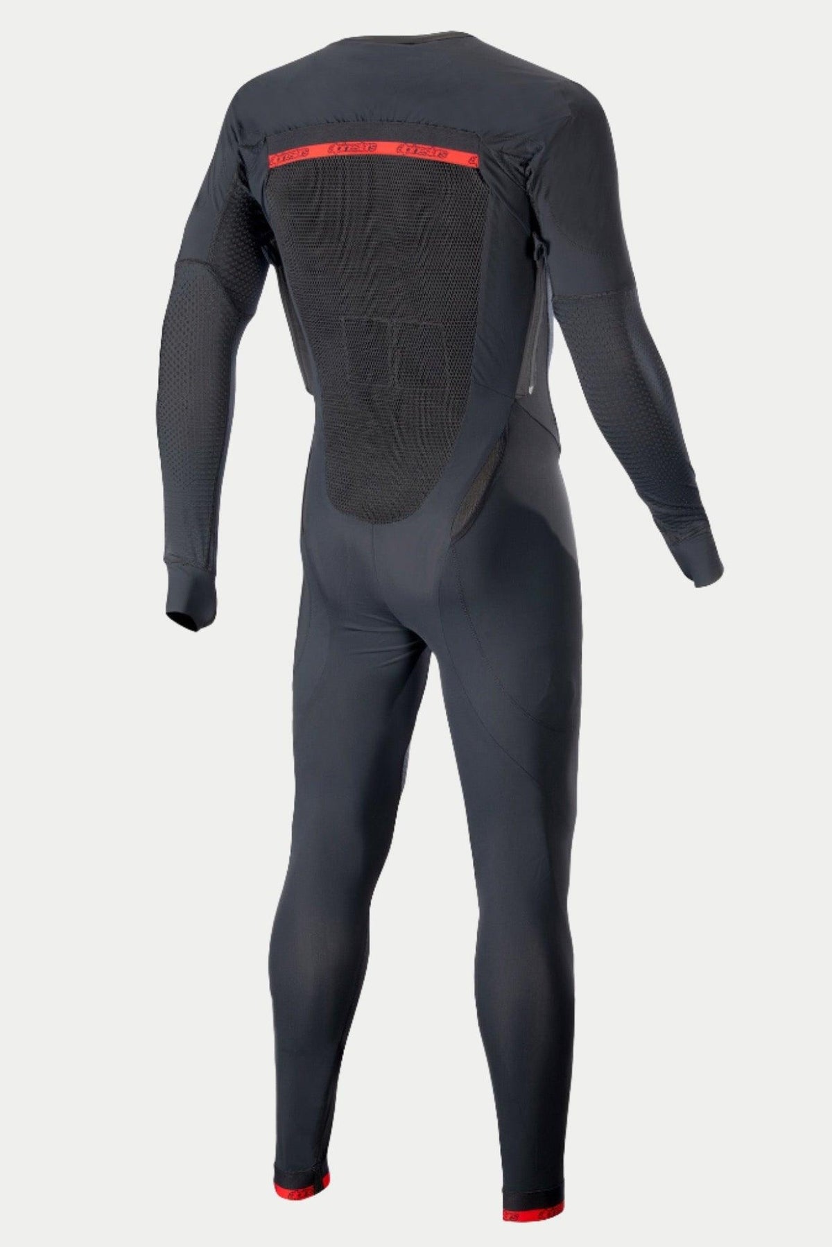 Alpinestars Tech-Air 10 Race System Lange Basisschicht, Herren-Motorradunteranzug in Schwarz und Hellrot mit atmungsaktiven Mesh-Einsätzen am Rücken.