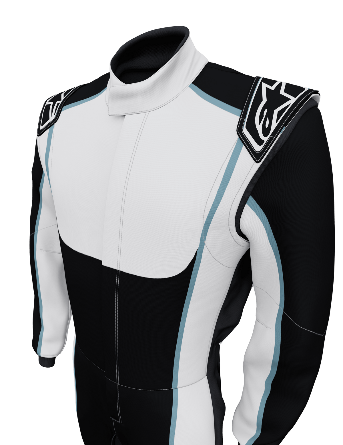 Alpinestars Tech Vision V3, combinaison sur mesure de course automobile, unisexe, noire et blanche avec liserés bleu clair, certifiée FIA, en Nomex ignifuge.