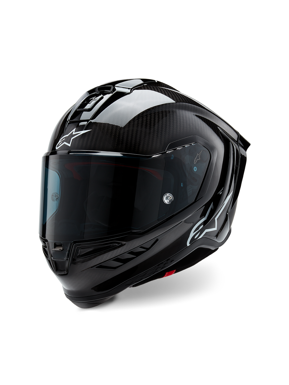 Alpinestars Supertech R10 Solid helm, motorracehelm, zwart carbon mat en glanzend, met zichtbaar koolstofvezelweefsel, donker getint vizier, witte Astars-logo's, strak aerodynamisch ontwerp